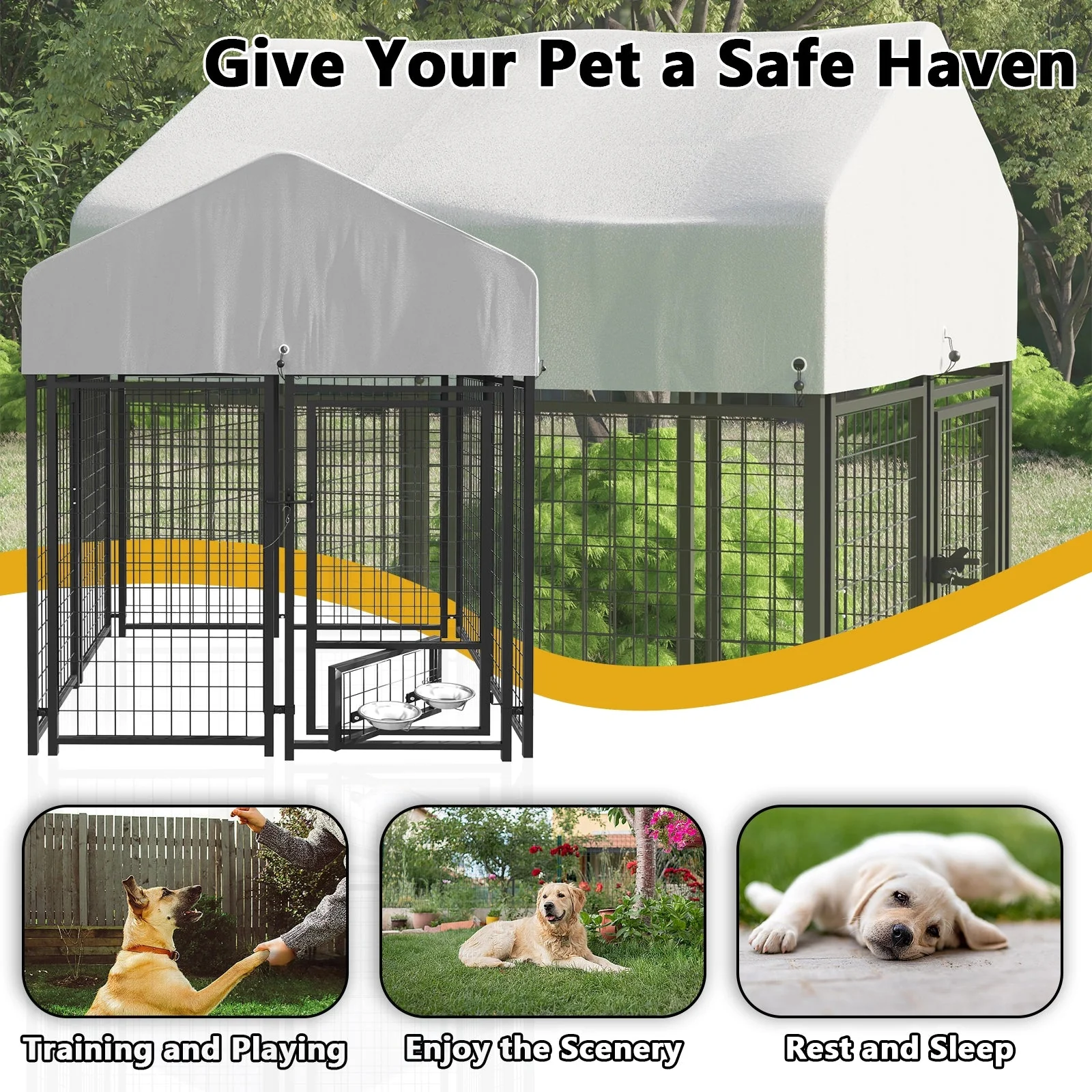 Waleaf 8x4x4 FT Heavy Duty Large Dog Kennel for Large Dogs,Dog Kennel Outside Playpen with Two Bowls & Secure Lock - Image 6