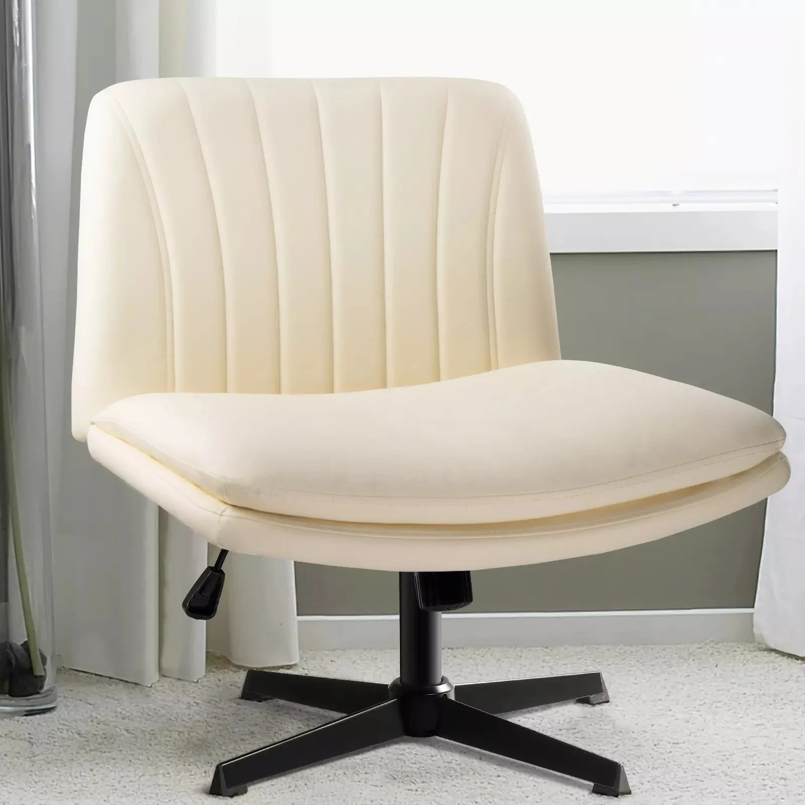 WALEAF Armless Desk Chair No Wheels,PU Leather Criss Cross Legged for Home Office