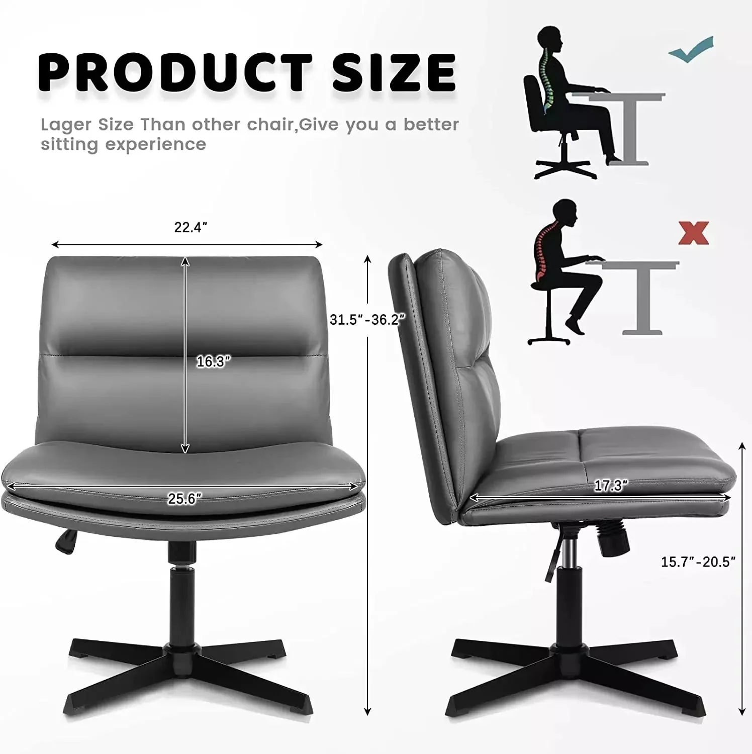 WALEAF Armless Desk Chair No Wheels,PU Leather Criss Cross Legged for Home Office - Image 13