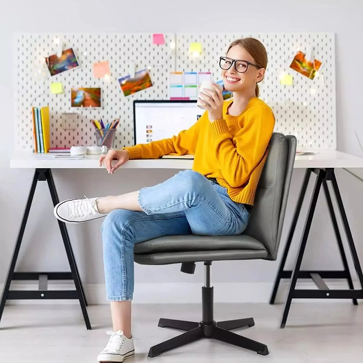 WALEAF Armless Desk Chair No Wheels,PU Leather Criss Cross Legged for Home Office - Image 14
