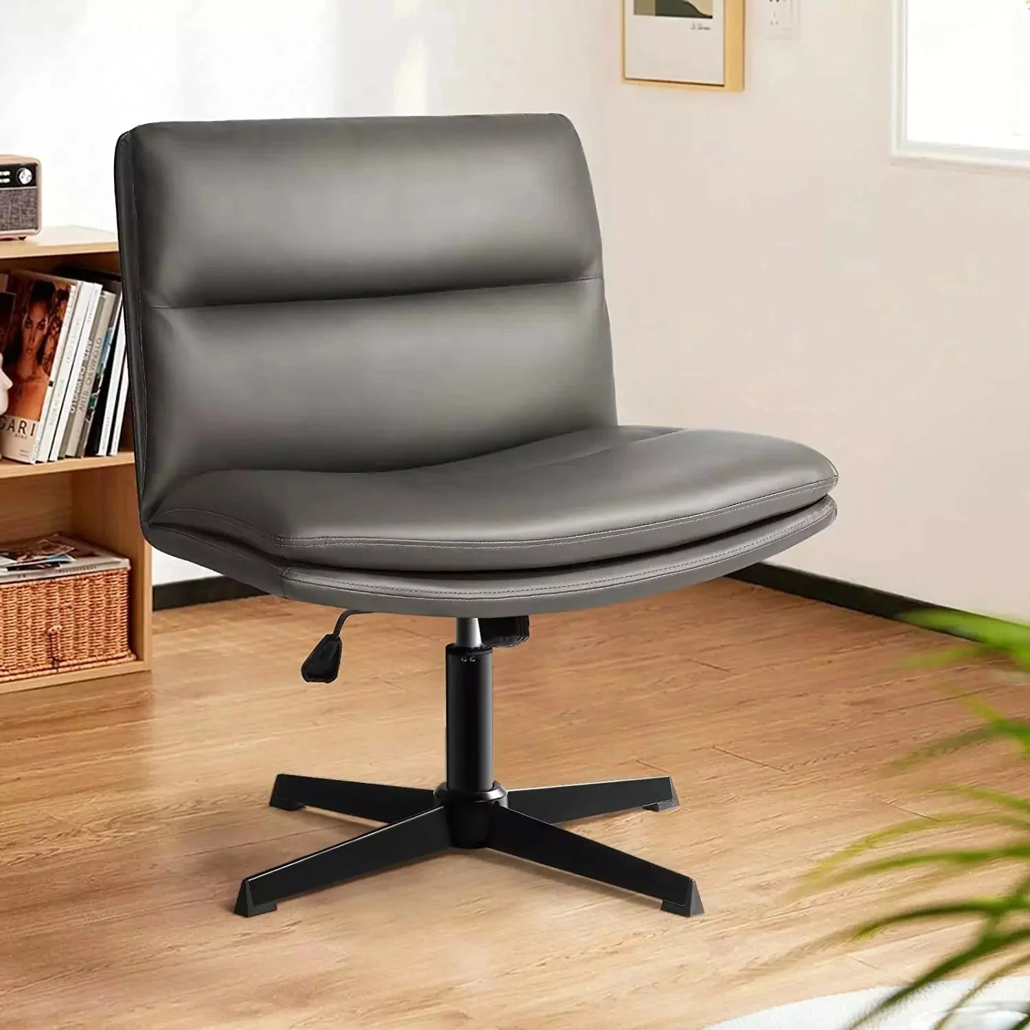 WALEAF Armless Desk Chair No Wheels,PU Leather Criss Cross Legged for Home Office - Image 15