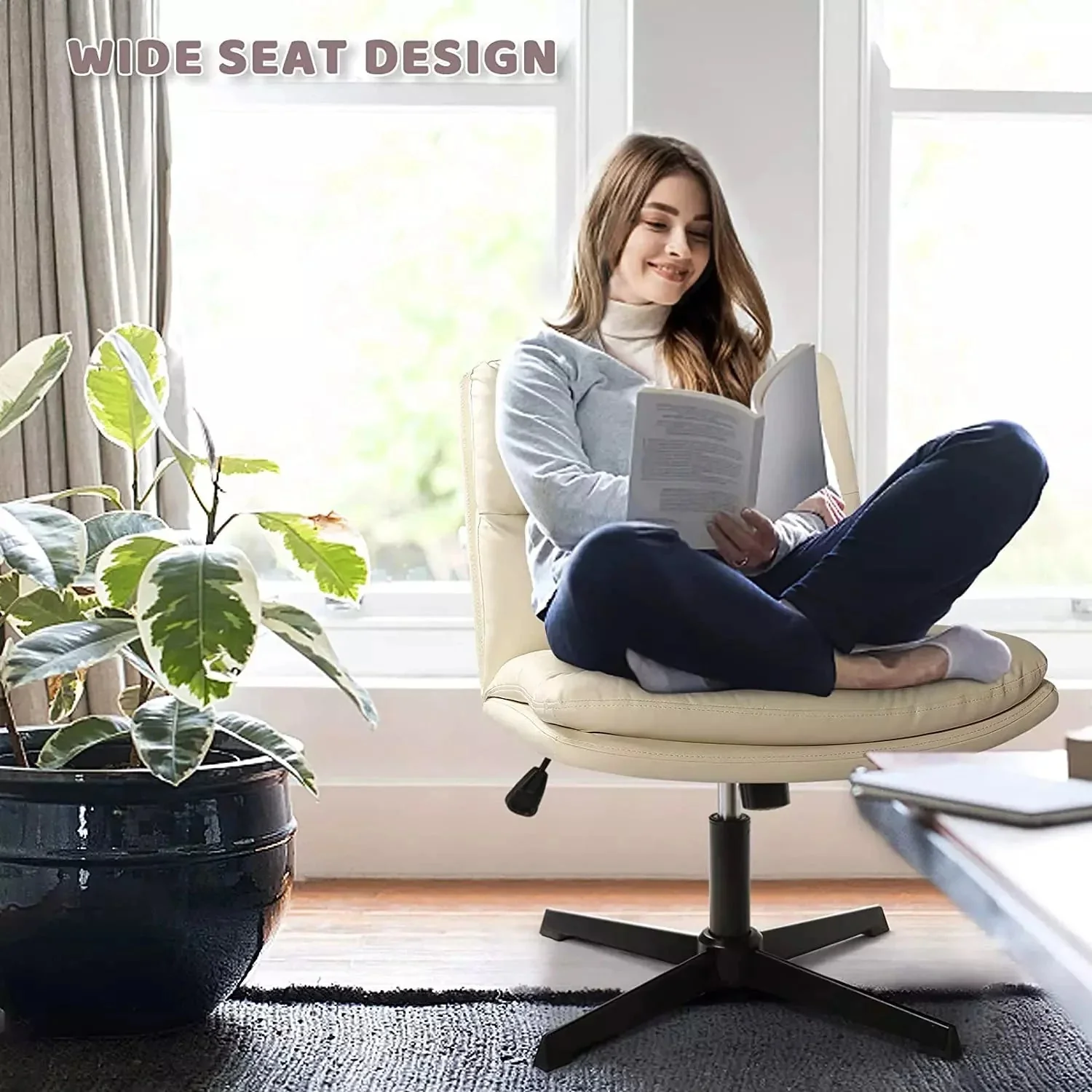 WALEAF Armless Desk Chair No Wheels,PU Leather Criss Cross Legged for Home Office - Image 2