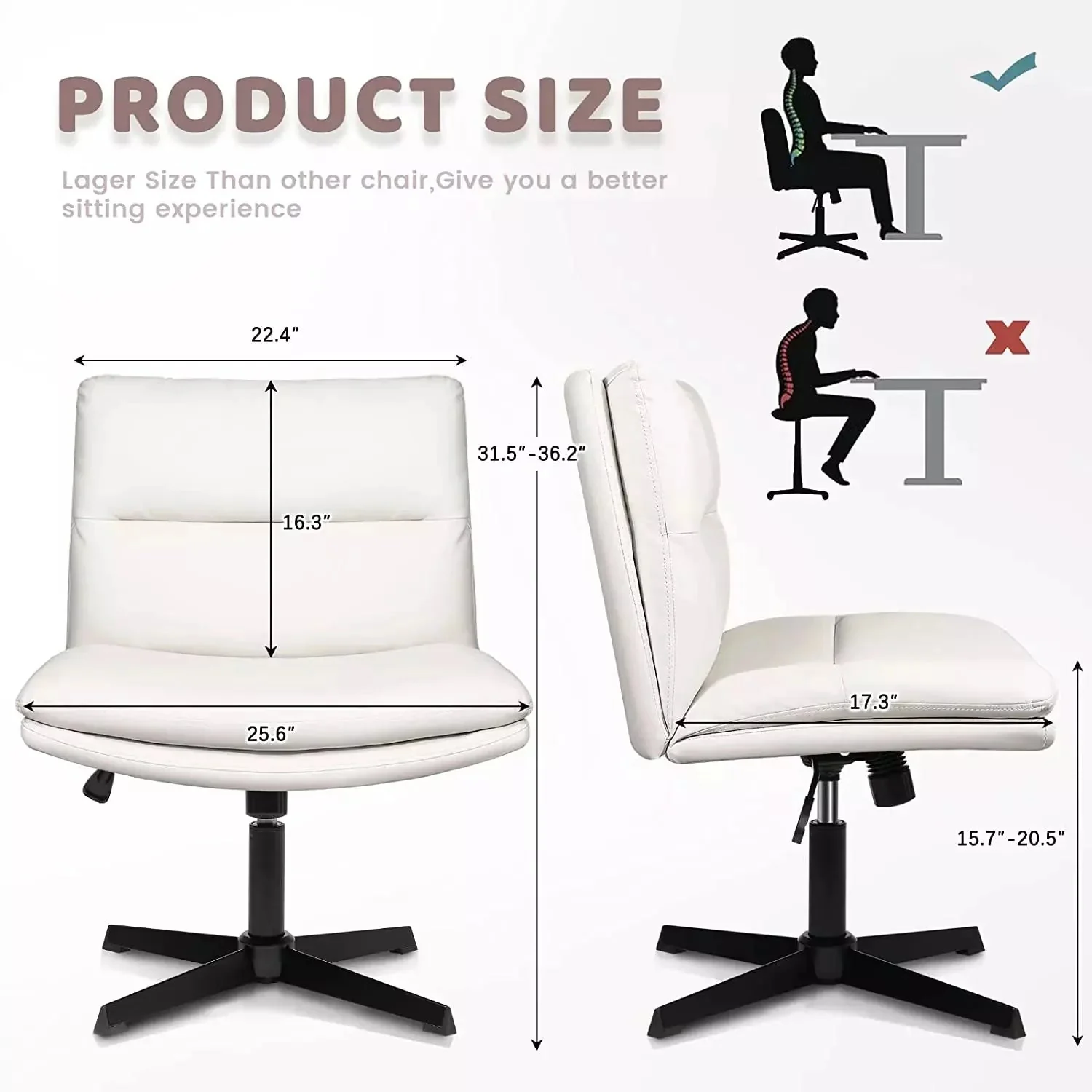 WALEAF Armless Desk Chair No Wheels,PU Leather Criss Cross Legged for Home Office - Image 21