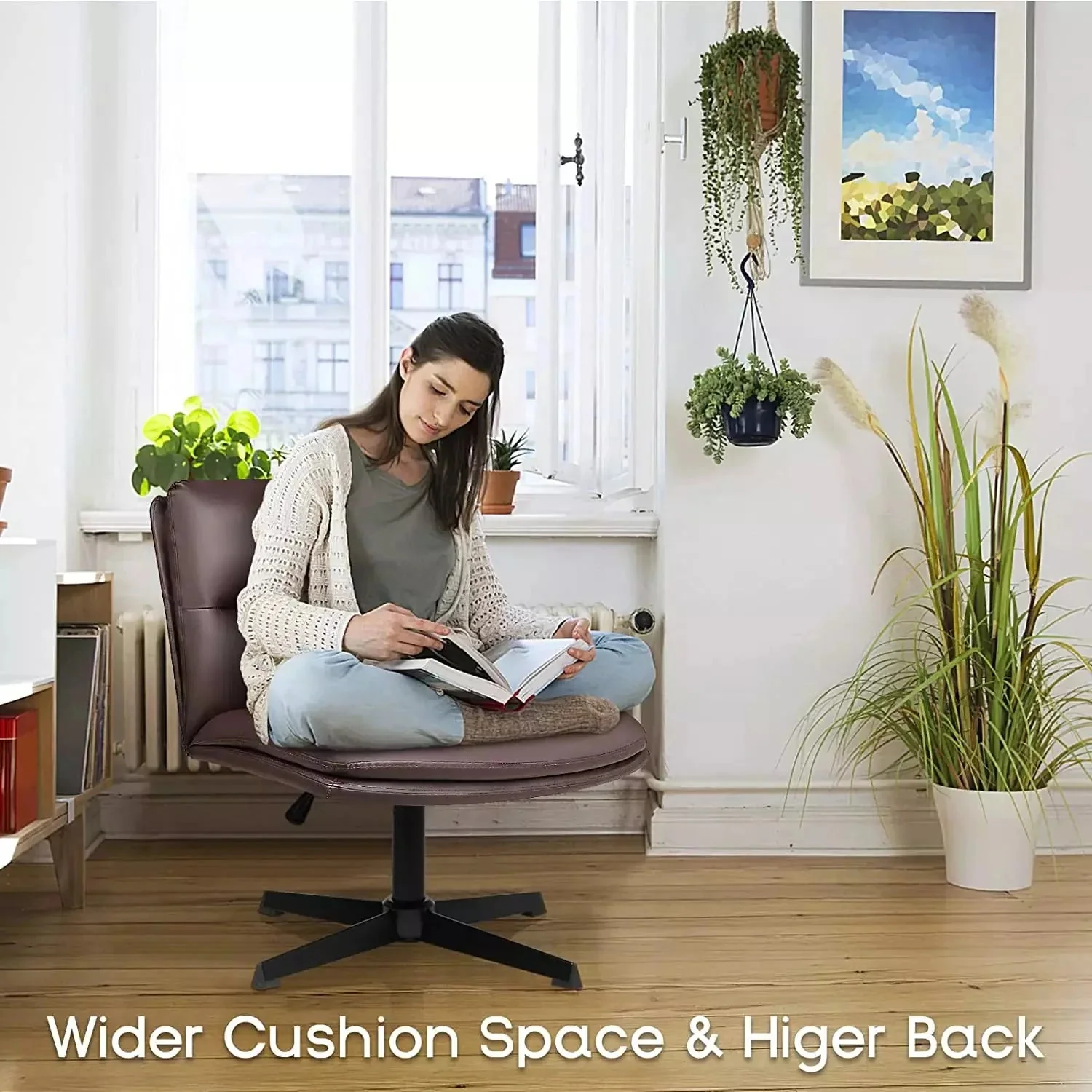 WALEAF Armless Desk Chair No Wheels,PU Leather Criss Cross Legged for Home Office - Image 23
