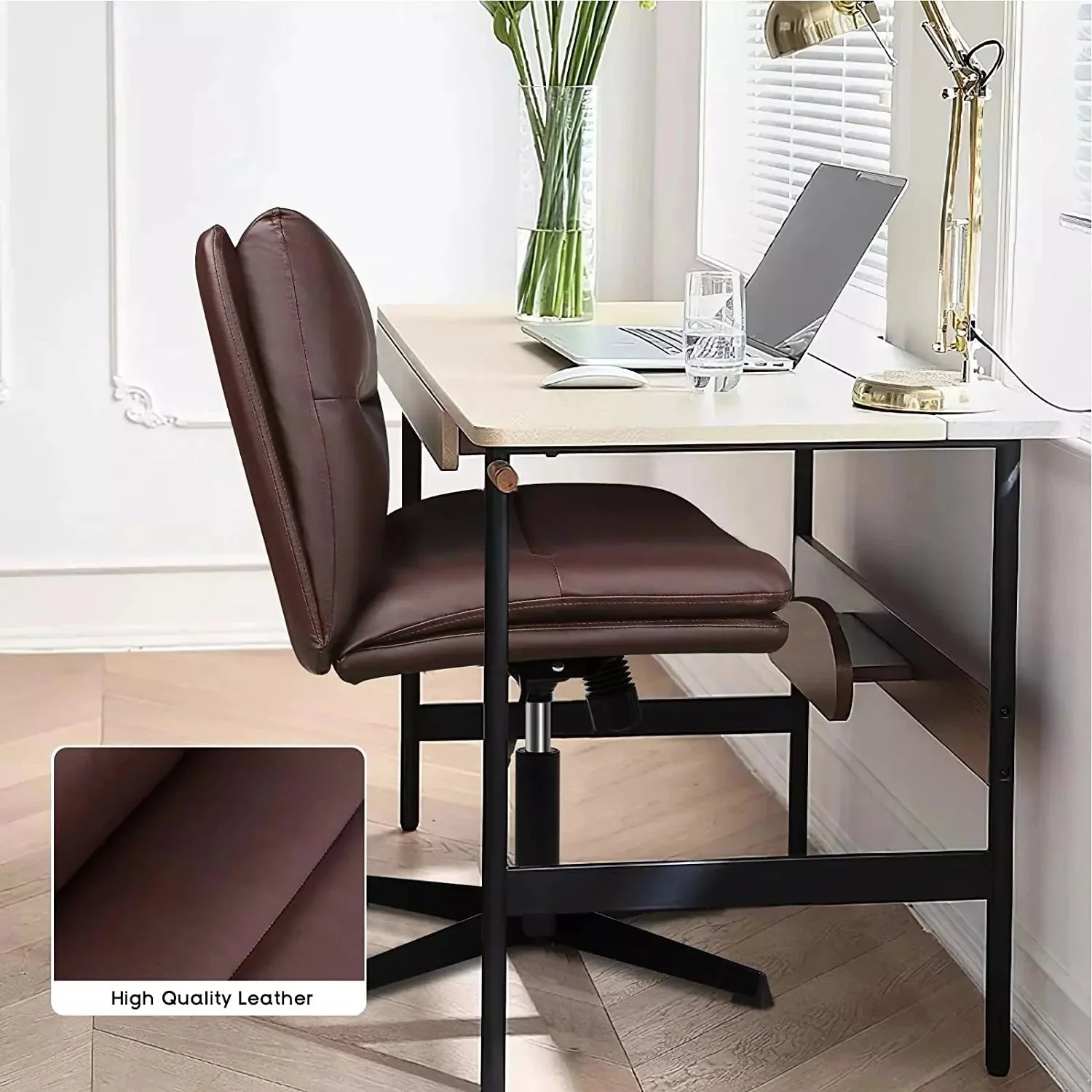 WALEAF Armless Desk Chair No Wheels,PU Leather Criss Cross Legged for Home Office - Image 26