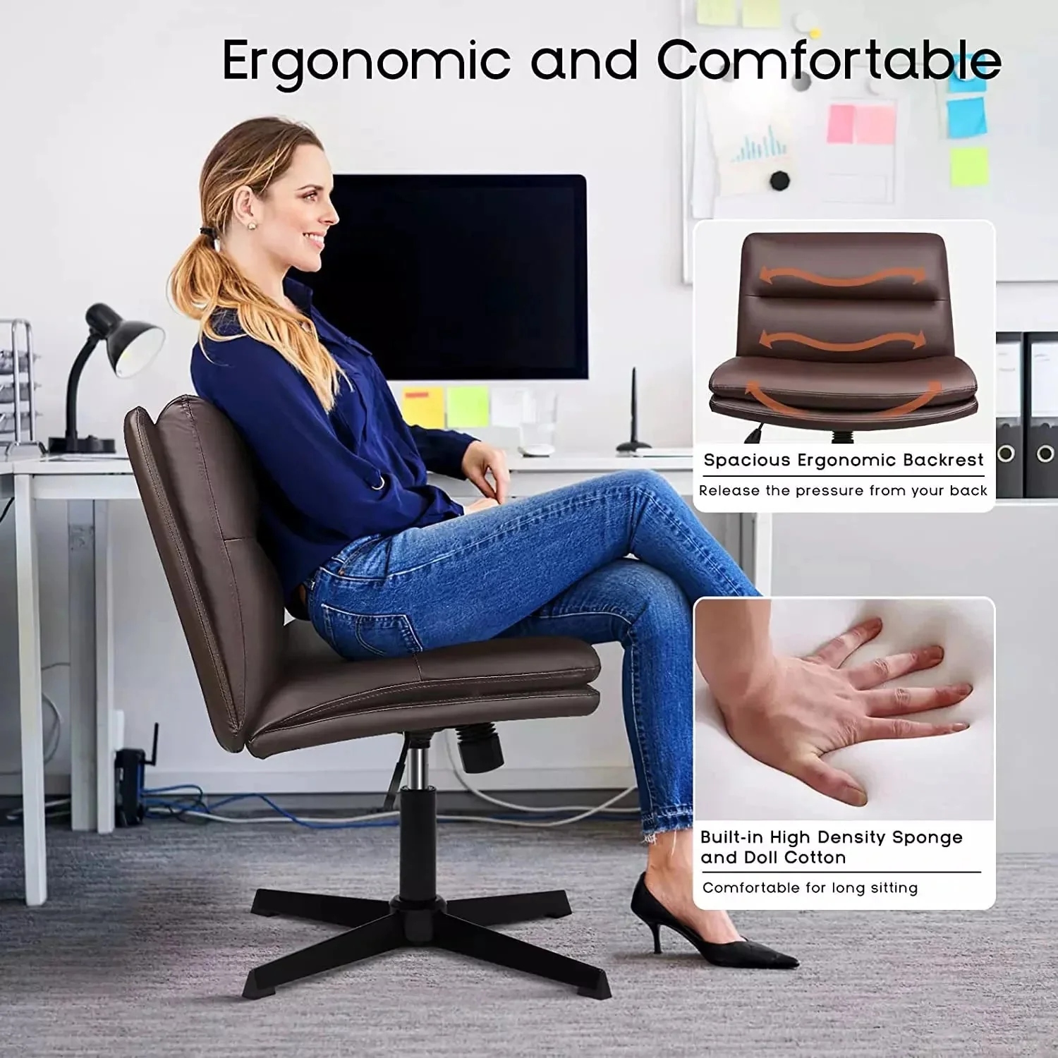 WALEAF Armless Desk Chair No Wheels,PU Leather Criss Cross Legged for Home Office - Image 27