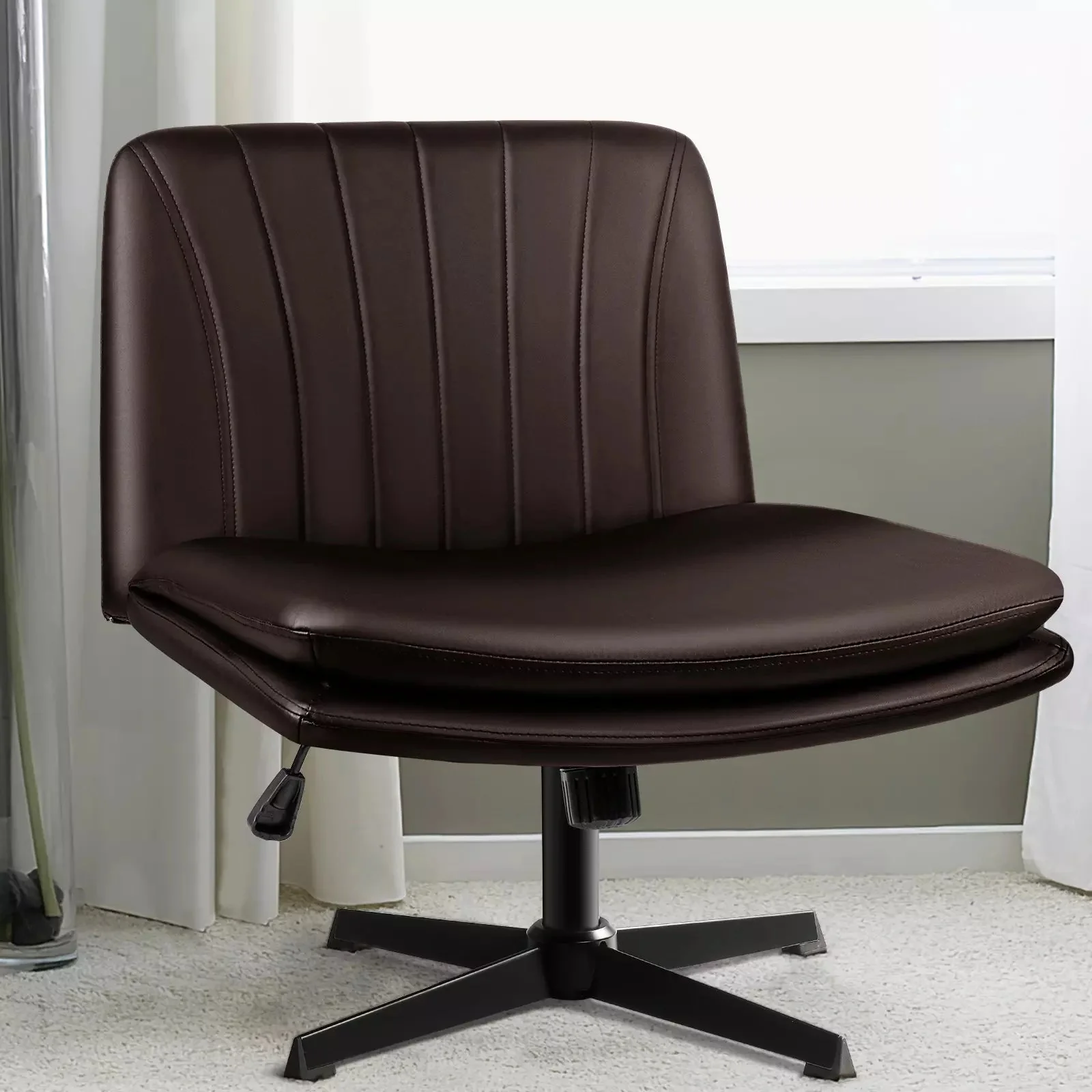 WALEAF Armless Desk Chair No Wheels,PU Leather Criss Cross Legged for Home Office - Image 33