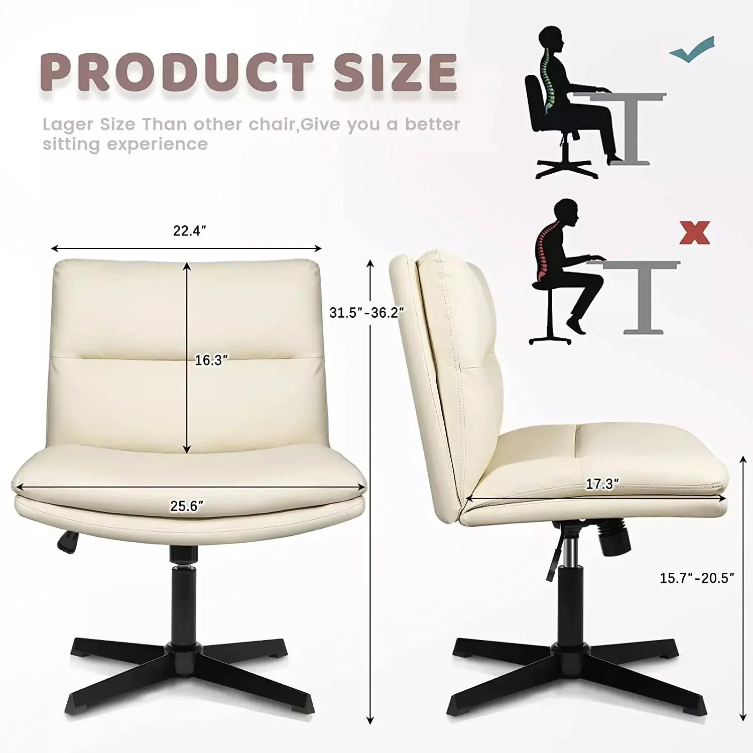 WALEAF Armless Desk Chair No Wheels,PU Leather Criss Cross Legged for Home Office - Image 6