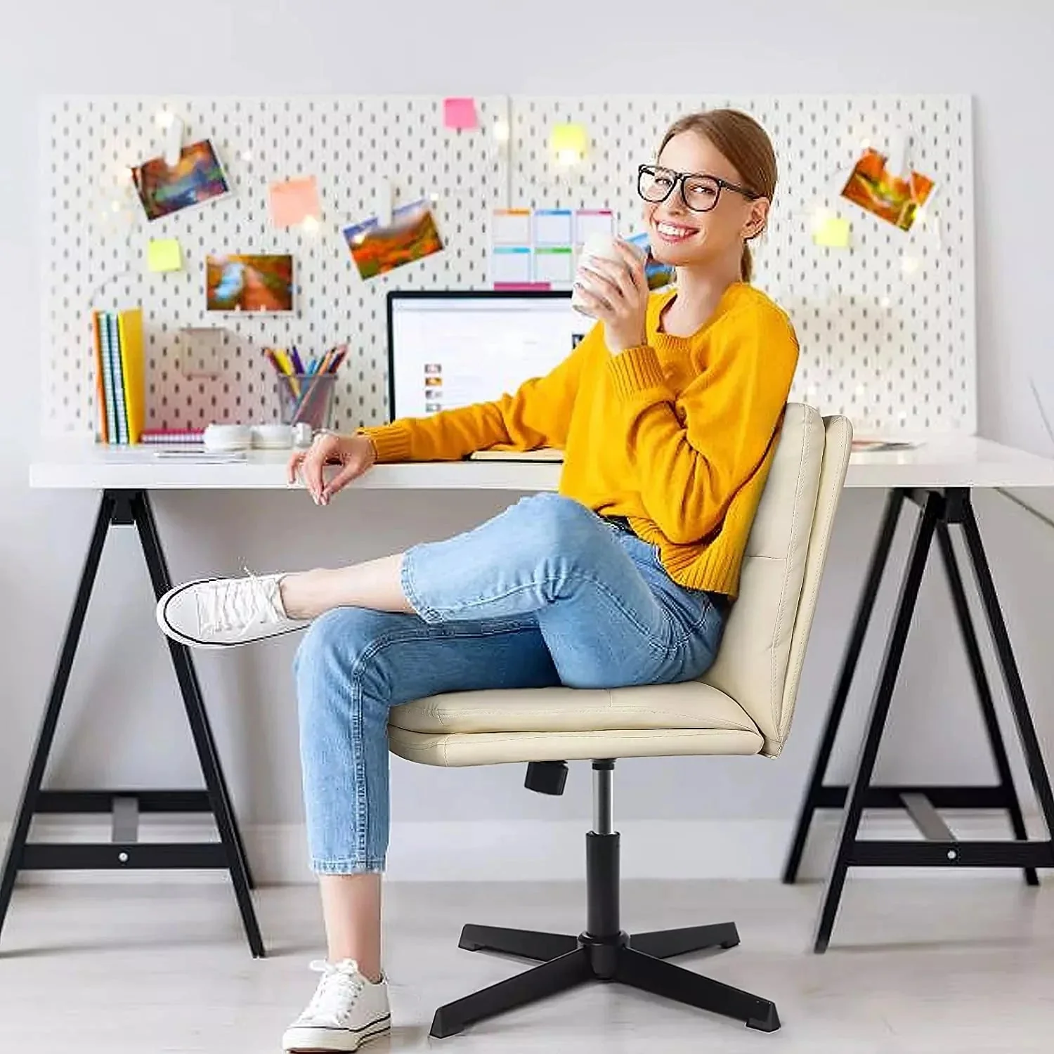 WALEAF Armless Desk Chair No Wheels,PU Leather Criss Cross Legged for Home Office - Image 7