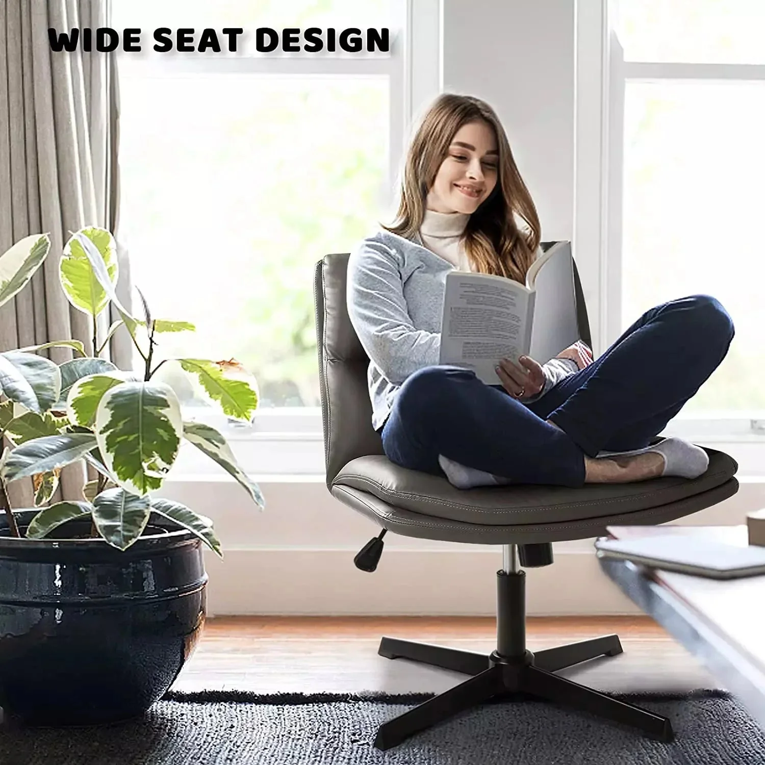 WALEAF Armless Desk Chair No Wheels,PU Leather Criss Cross Legged for Home Office - Image 9