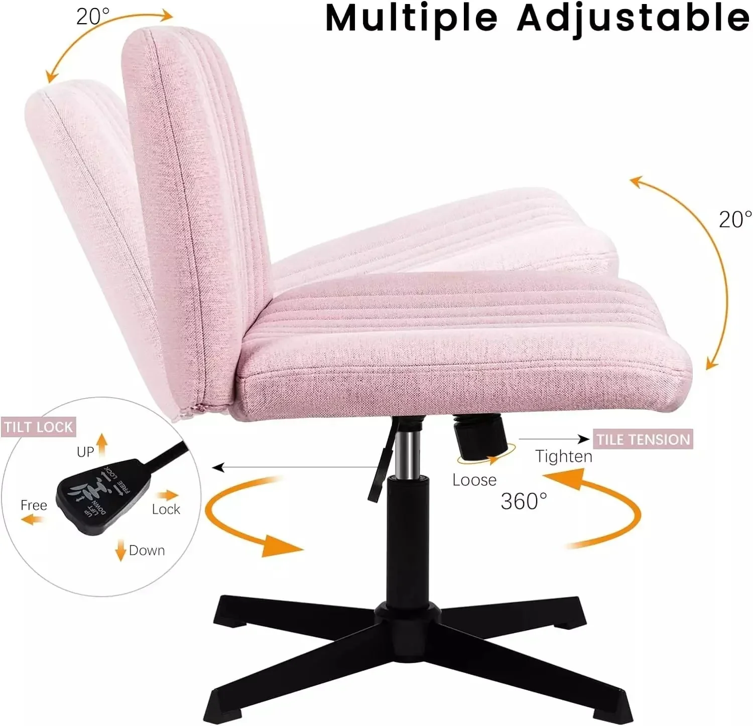 WALEAF Armless Swivel Office Chair, Height Adjustable Wide Seat Vanity Chair - Image 33