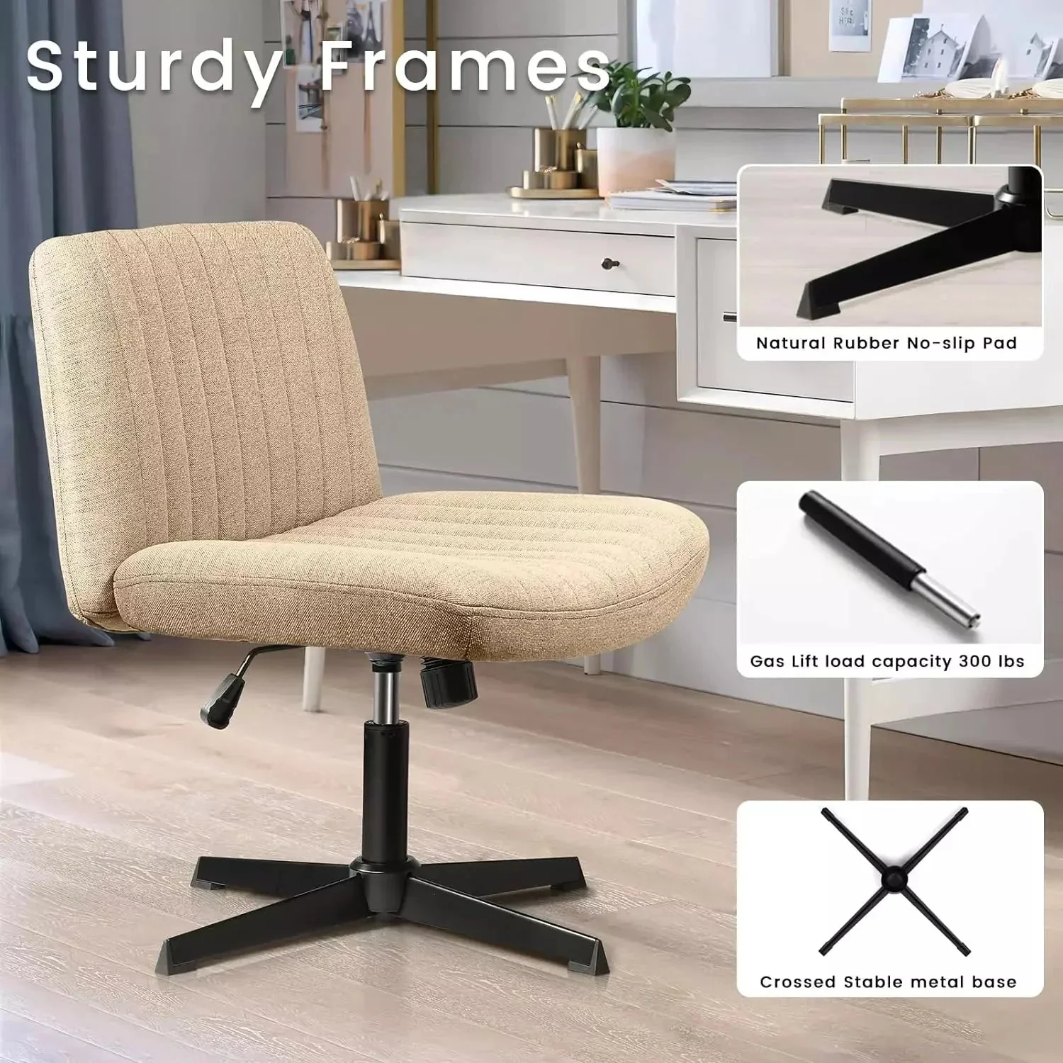WALEAF Armless Swivel Office Chair, Height Adjustable Wide Seat Vanity Chair - Image 38