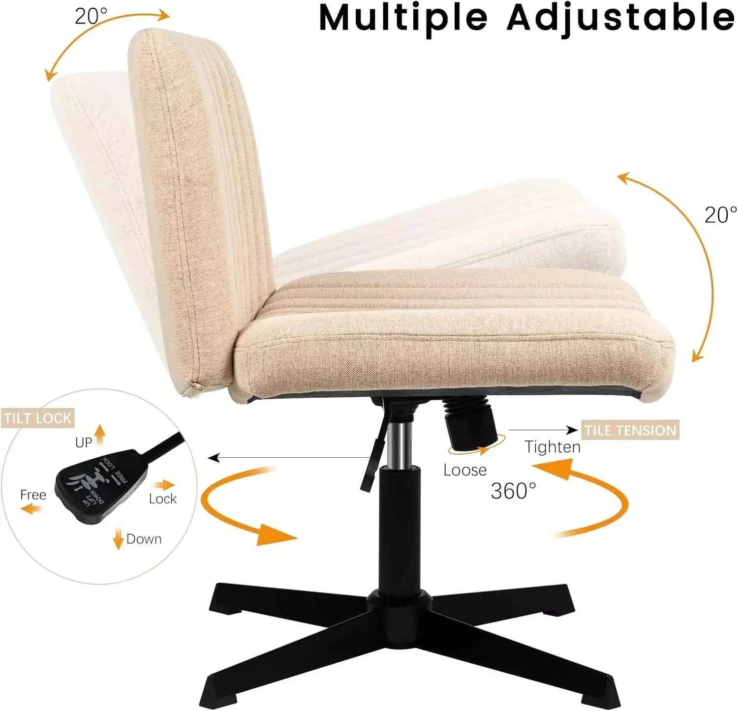 WALEAF Armless Swivel Office Chair, Height Adjustable Wide Seat Vanity Chair - Image 40