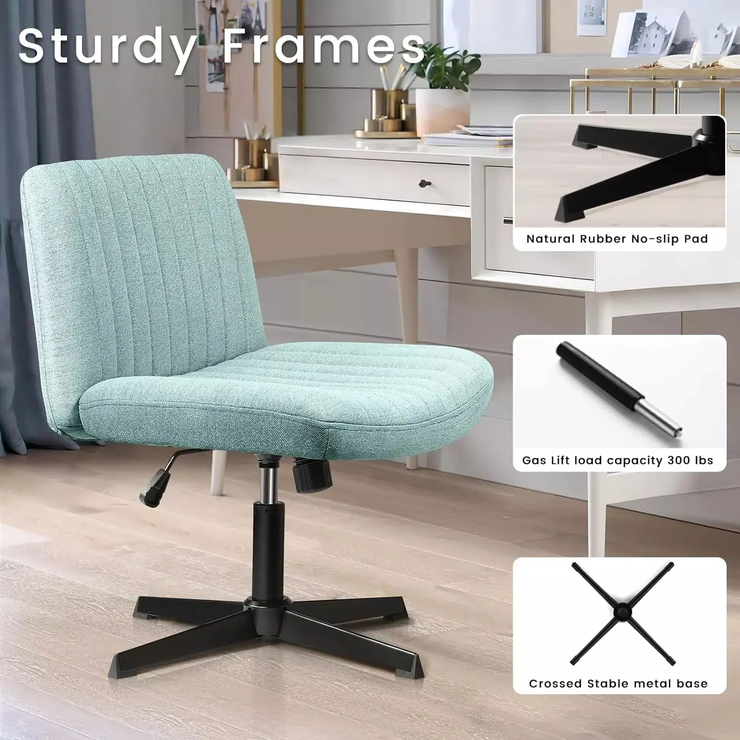 WALEAF Armless Swivel Office Chair, Height Adjustable Wide Seat Vanity Chair - Image 45