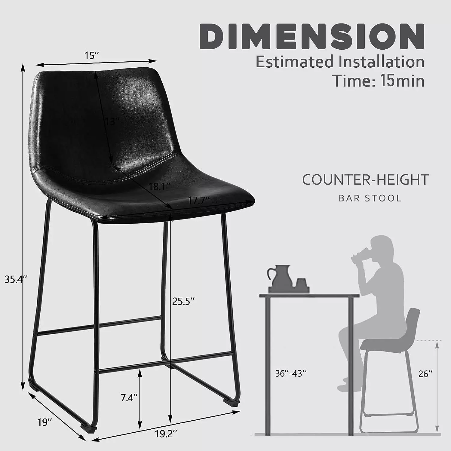 Waleaf Bar Stools Set of 2,Counter Height Bar Stools with Back, Modern PU Leather Stools BAR01 - Image 32