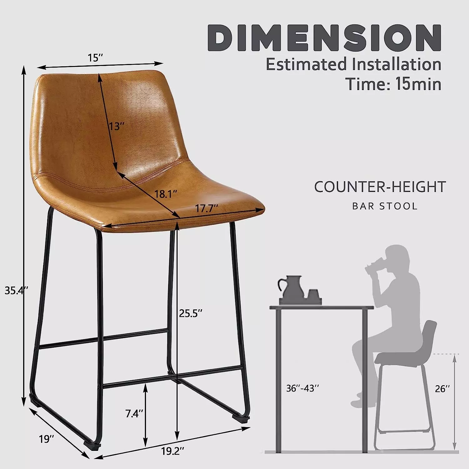 Waleaf Bar Stools Set of 2,Counter Height Bar Stools with Back, Modern PU Leather Stools BAR01 - Image 46