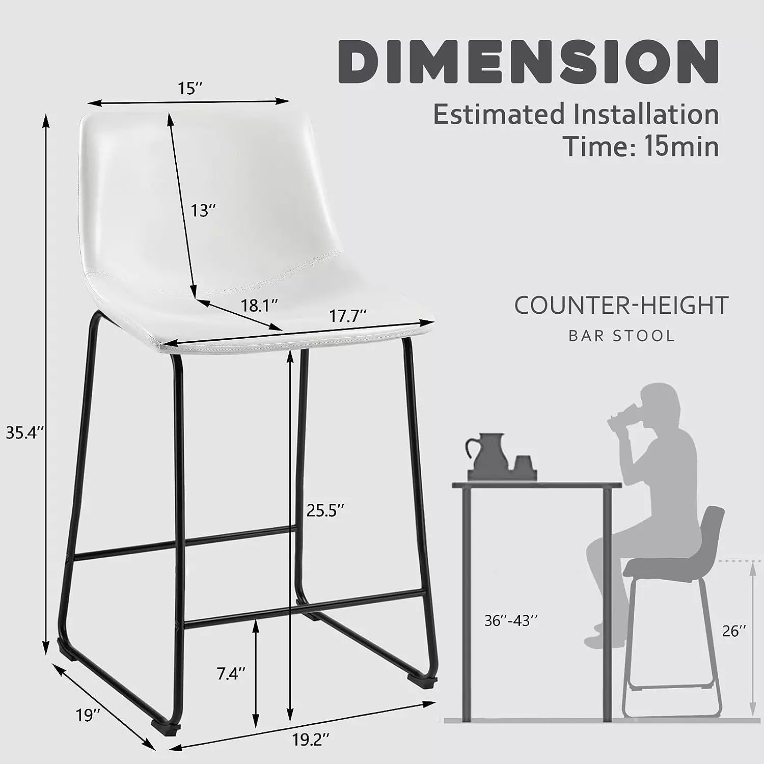 Waleaf Bar Stools Set of 2,Counter Height Bar Stools with Back, Modern PU Leather Stools BAR01 - Image 53
