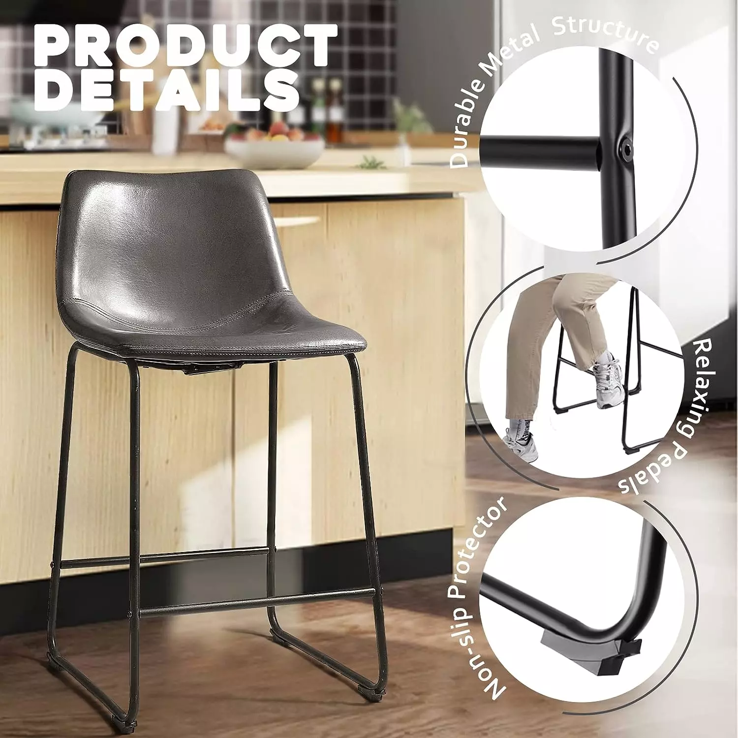 Waleaf Bar Stools Set of 2,Counter Height Bar Stools with Back, Modern PU Leather Stools BAR01 - Image 65