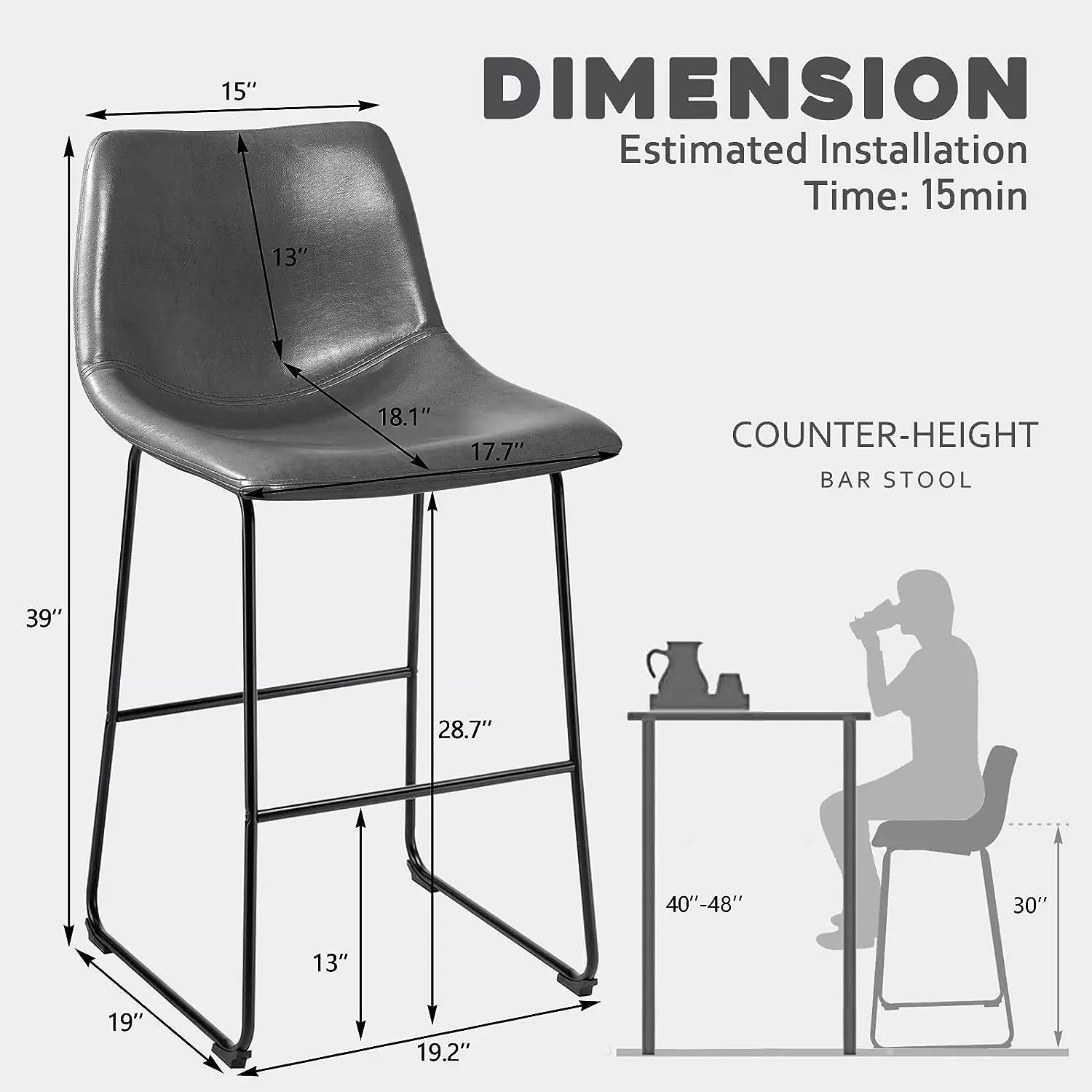 Waleaf Bar Stools Set of 2,Counter Height Bar Stools with Back, Modern PU Leather Stools BAR01 - Image 67