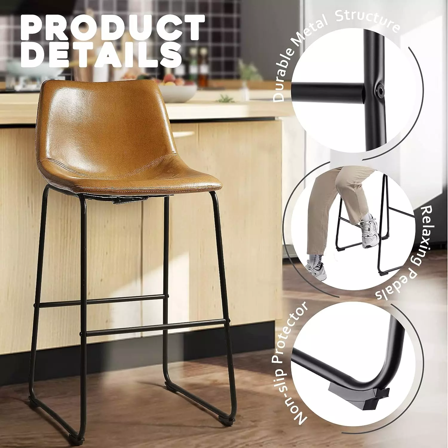 Waleaf Bar Stools Set of 2,Counter Height Bar Stools with Back, Modern PU Leather Stools BAR01 - Image 72