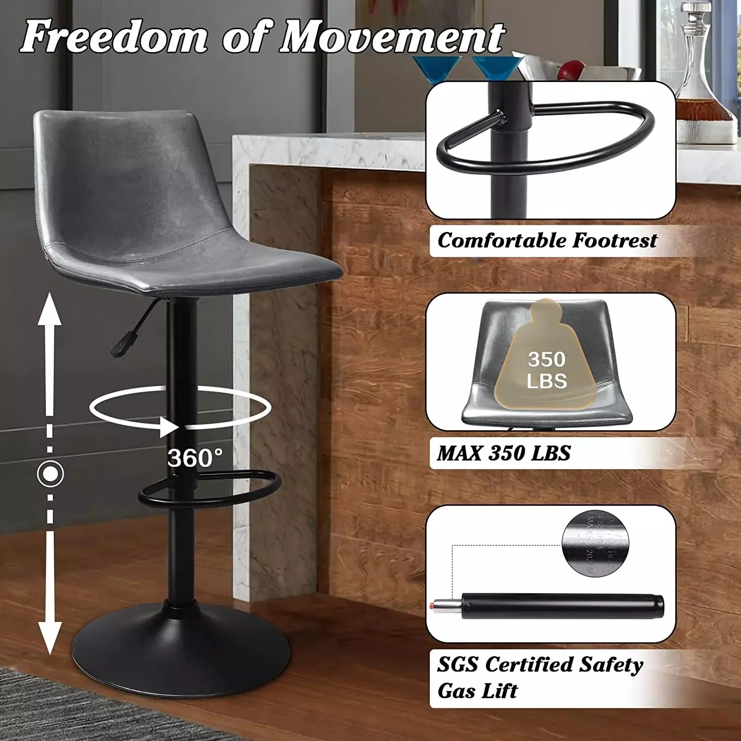 Waleaf Height-Adjustable Swivel Armless Bar Stools, 350 LBS, Set of 2 BAR02 - Image 20