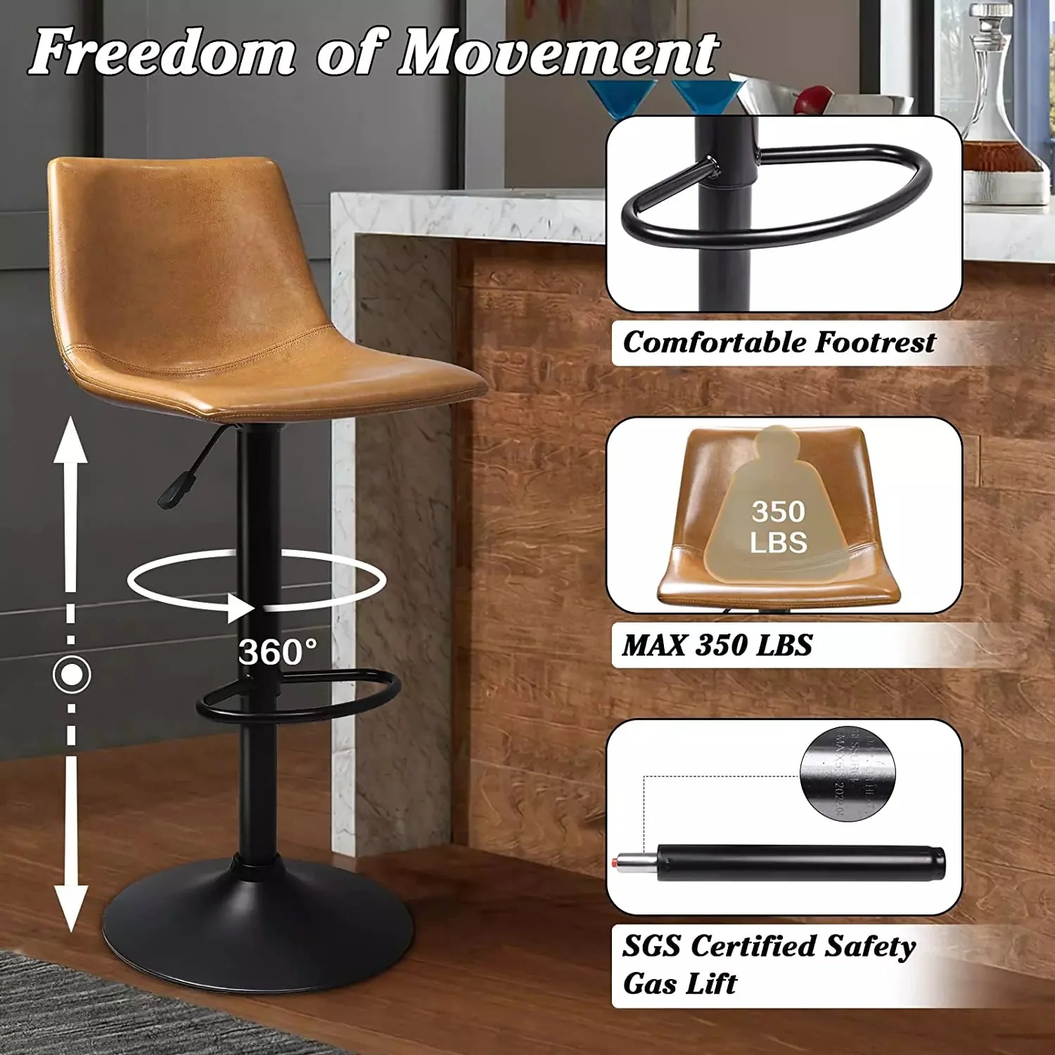 Waleaf Height-Adjustable Swivel Armless Bar Stools, 350 LBS, Set of 2 BAR02 - Image 4
