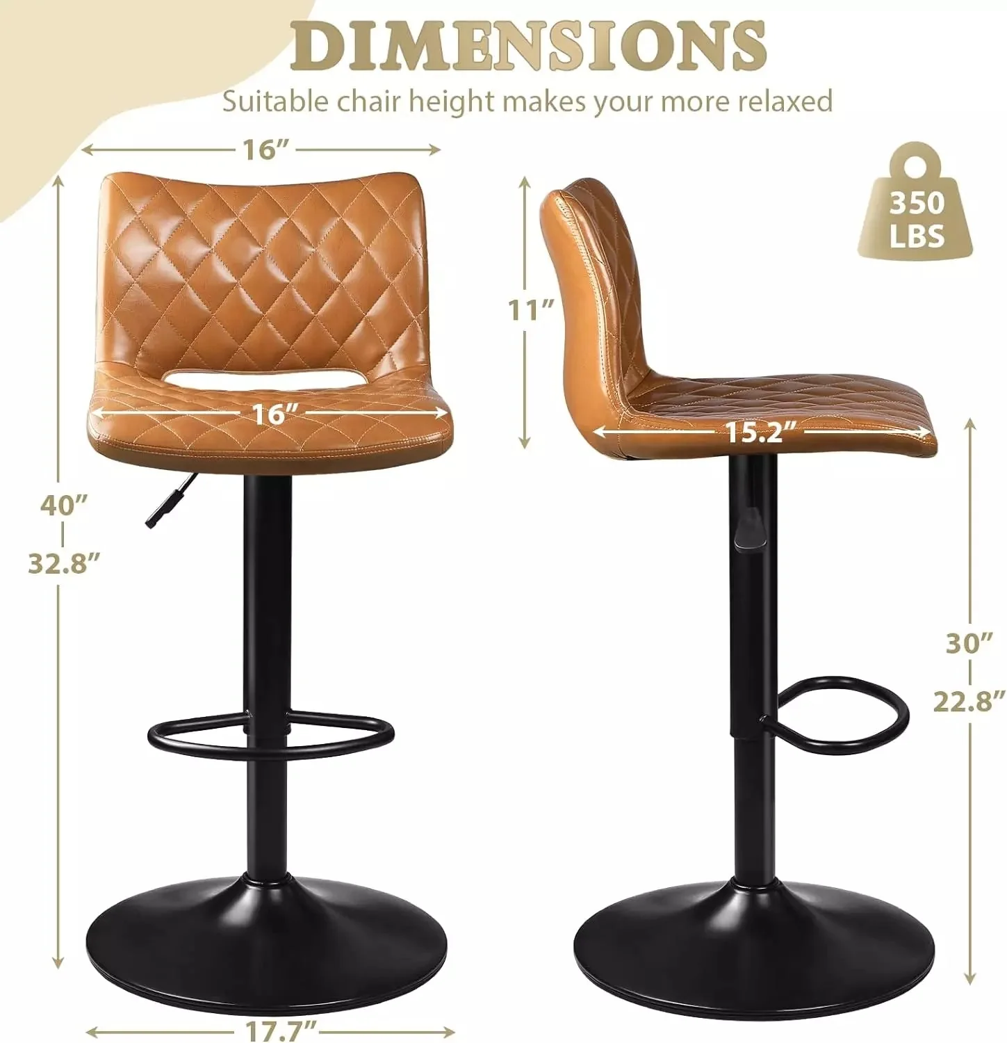 Waleaf Adjustable Bar Stools Set of 2, Modern Counter Height Stools with 350 LBS BAR04 - Image 3
