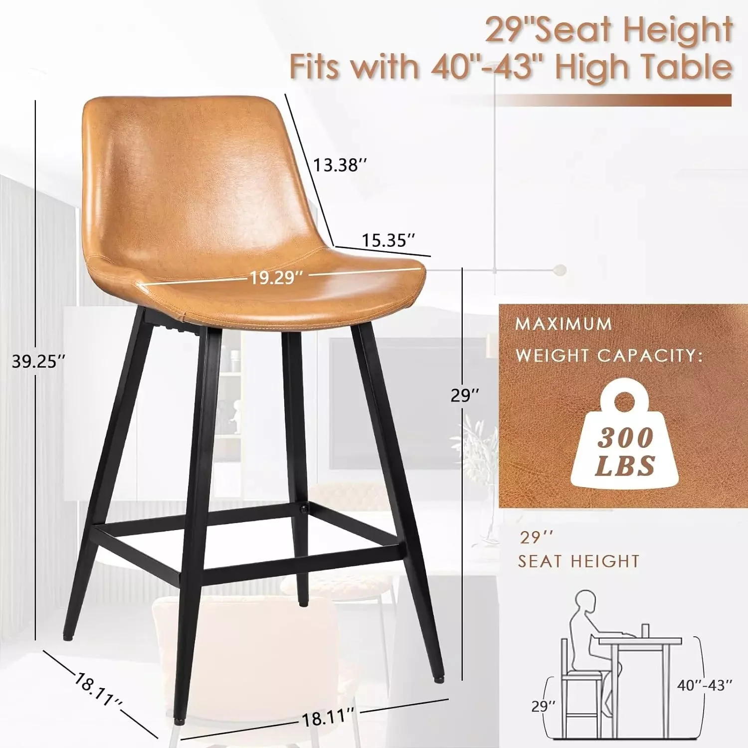 Waleaf 30" Bar Stools Set of 2, Leather Counter Height Barstools with Metal Legs BAR05 - Image 3