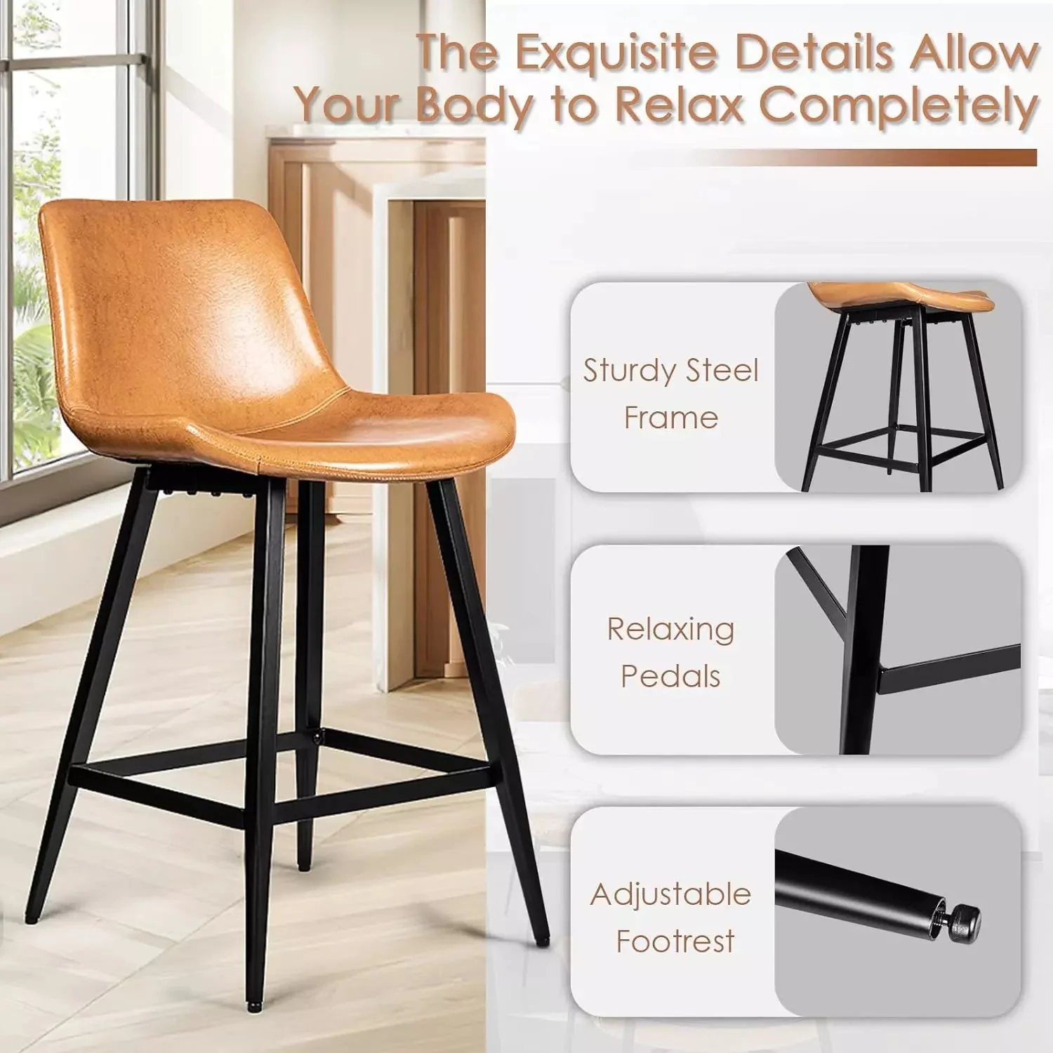 Waleaf 30" Bar Stools Set of 2, Leather Counter Height Barstools with Metal Legs BAR05 - Image 5