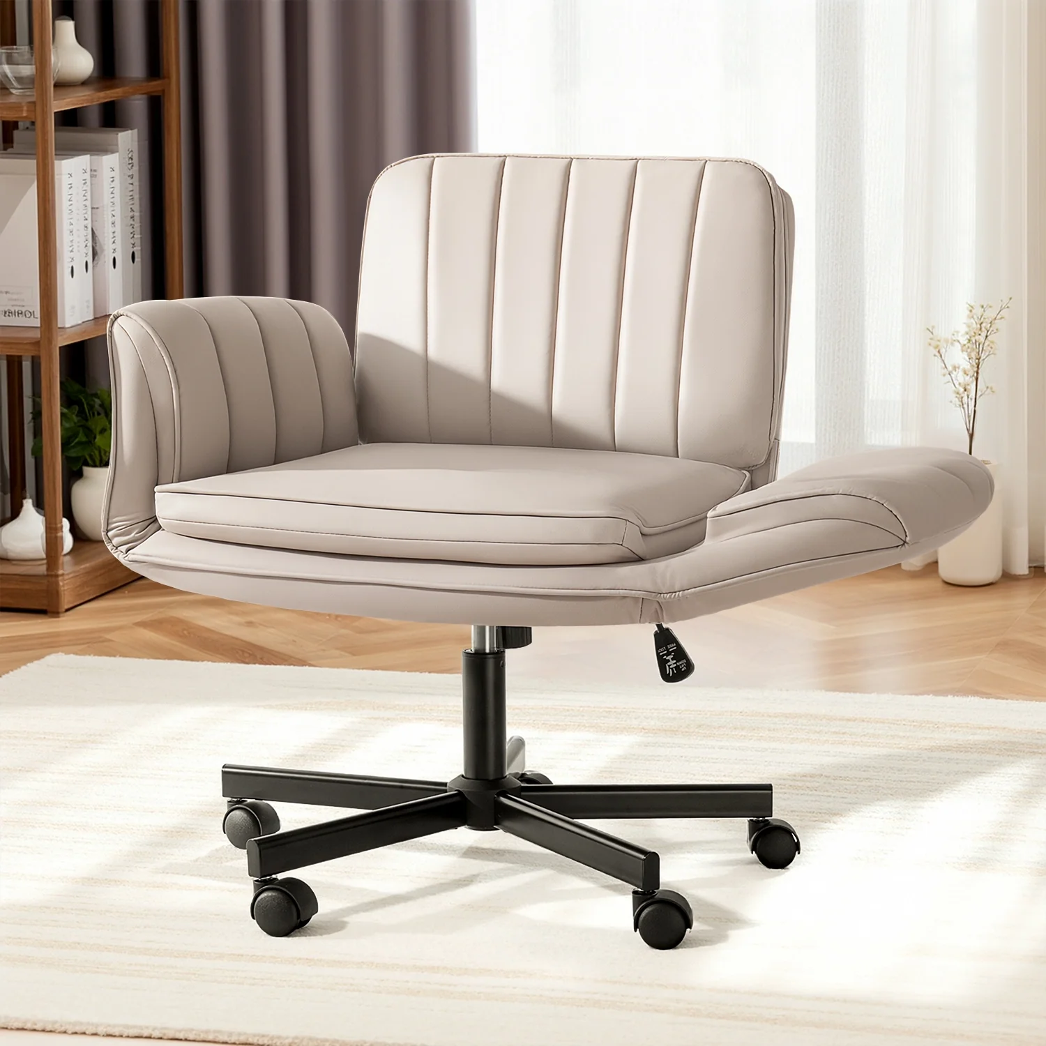 BOSSIN Biege Criss Cross Chair with Armrests & Wheels,Foldable Armrest PU Leather Vanity Chair – Thickened Swivel Office Desk Chair for Home, Makeup Room & Bedroom