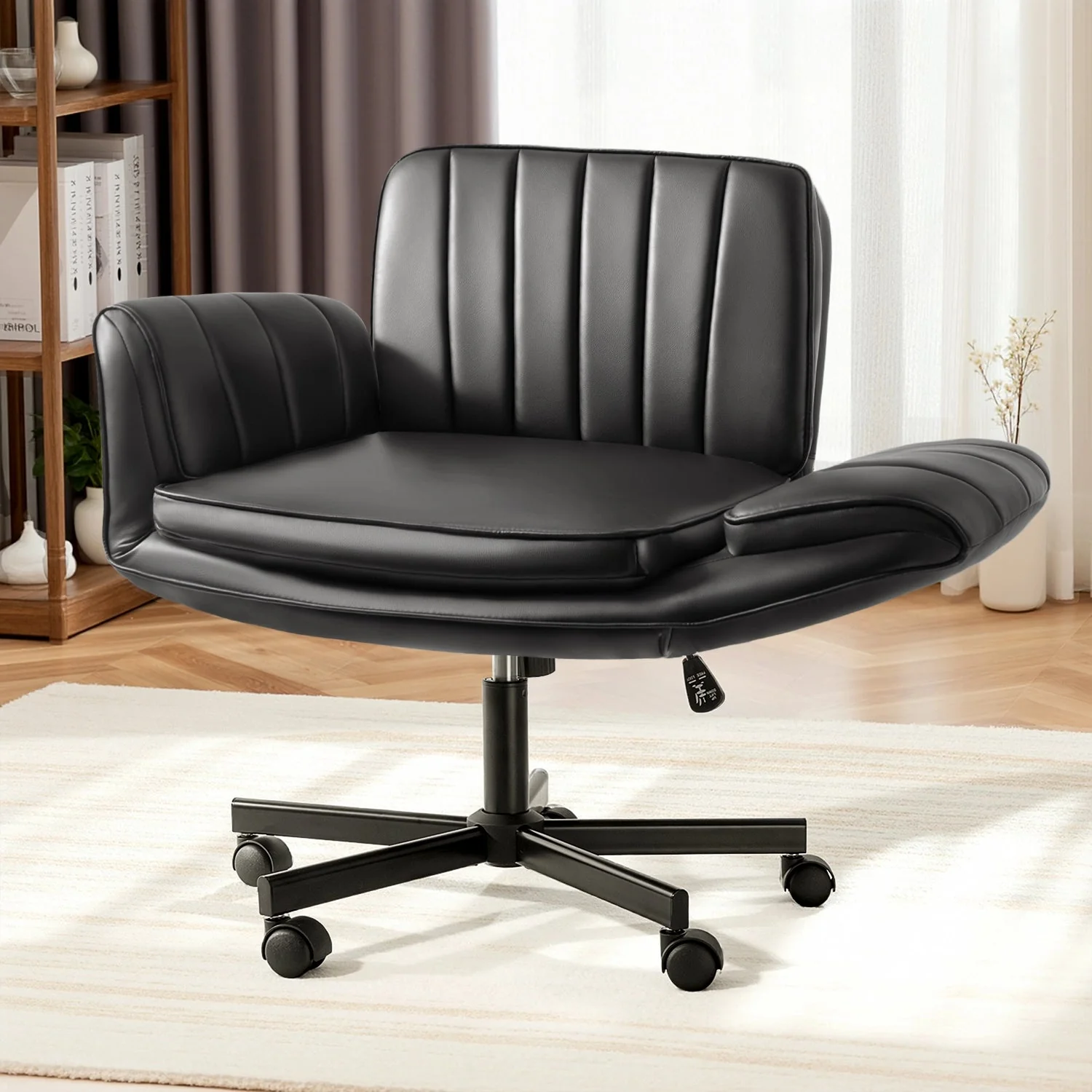 BOSSIN Biege Criss Cross Chair with Armrests & Wheels,Foldable Armrest PU Leather Vanity Chair – Thickened Swivel Office Desk Chair for Home, Makeup Room & Bedroom - Image 2