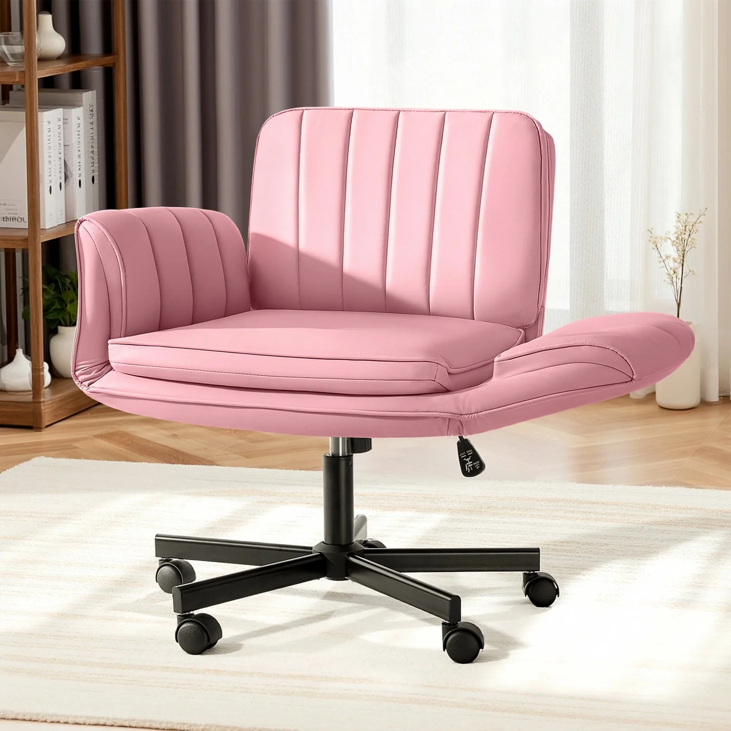 BOSSIN Biege Criss Cross Chair with Armrests & Wheels,Foldable Armrest PU Leather Vanity Chair – Thickened Swivel Office Desk Chair for Home, Makeup Room & Bedroom - Image 3