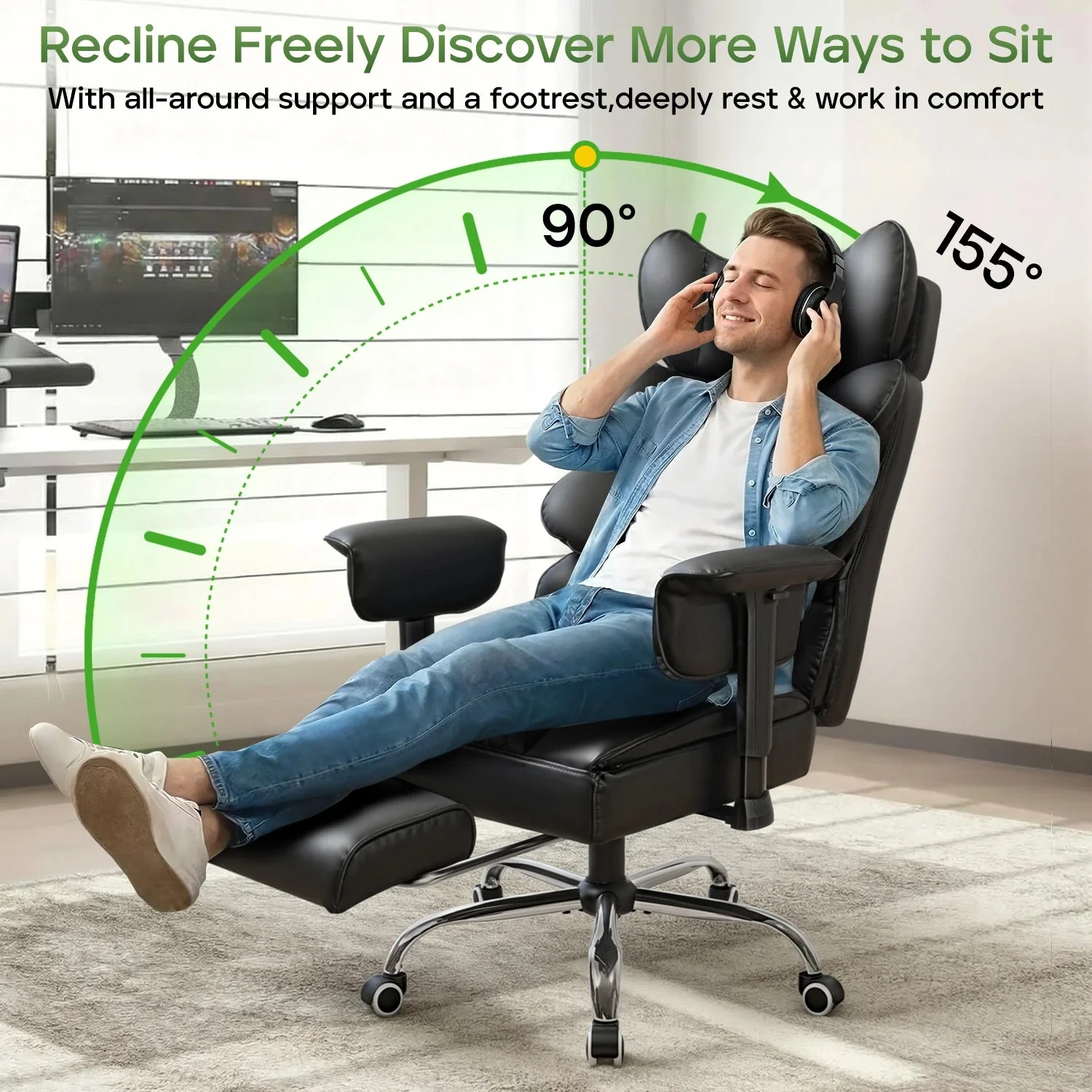 Waleaf Big and Tall Office Chair 400LBS with Adjustable Headrest & Footrest, Lumbar Support Ergonomic Gaming Chair, PU Leather Executive Desk Chair with Flip-up Armrests for Home Office - Image 3