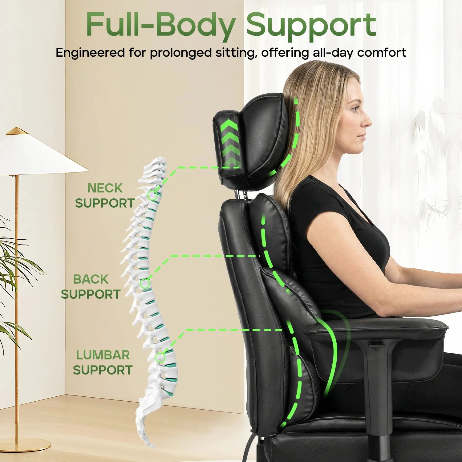 Waleaf Big and Tall Office Chair 400LBS with Adjustable Headrest & Footrest, Lumbar Support Ergonomic Gaming Chair, PU Leather Executive Desk Chair with Flip-up Armrests for Home Office - Image 4
