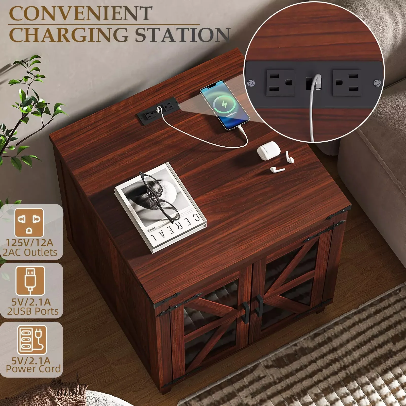 Waleaf End Table with Charging Station,Farmhouse Night Stand with Glass Barn Door,Large Sofa Side Table with Adjustable Storage Shelf for Living Room,Bedroom(1,Brown) - Image 2