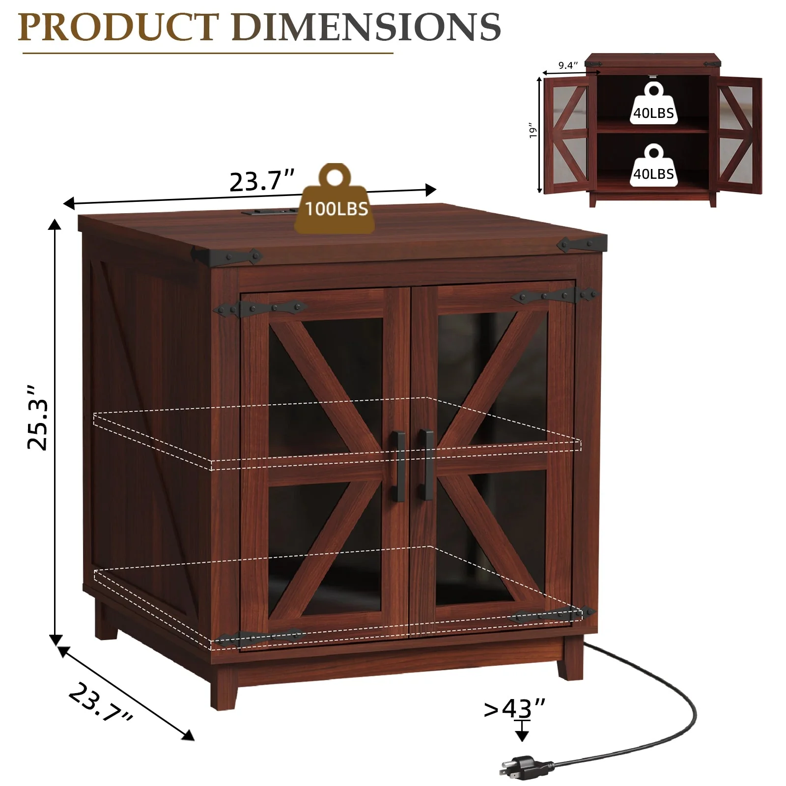 Waleaf End Table with Charging Station,Farmhouse Night Stand with Glass Barn Door,Large Sofa Side Table with Adjustable Storage Shelf for Living Room,Bedroom(1,Brown) - Image 5
