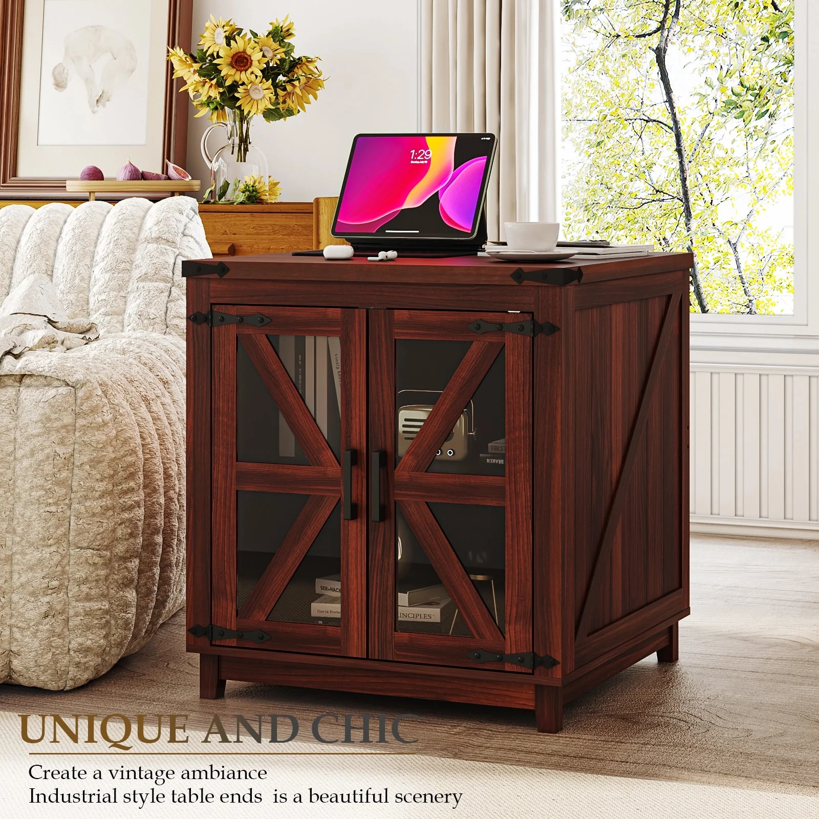 Waleaf End Table with Charging Station,Farmhouse Night Stand with Glass Barn Door,Large Sofa Side Table with Adjustable Storage Shelf for Living Room,Bedroom(1,Brown) - Image 6