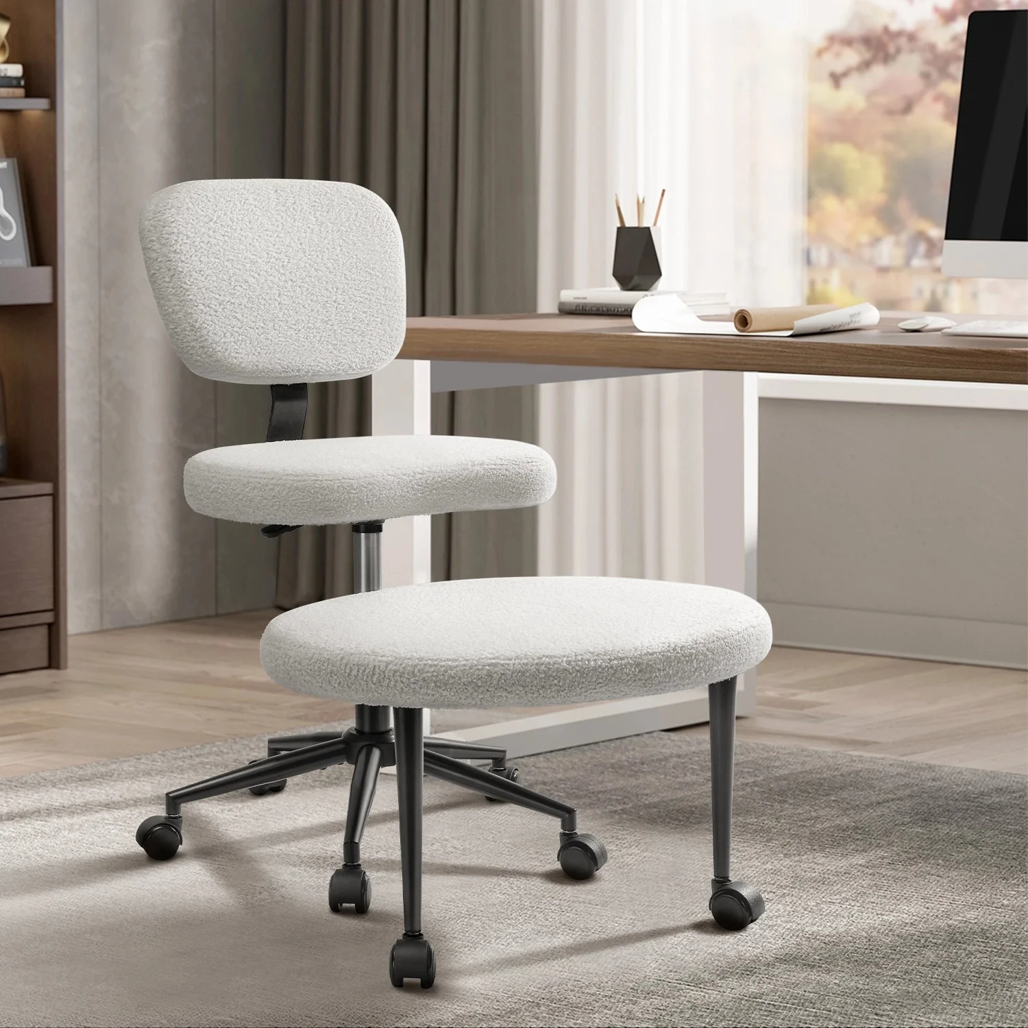 Waleaf Ergonomic Cross Legged Chair, 360° Swivel Height Adjustable Chair with Wheels for ADHD,Teddy Fabric and Lumbar Support - Image 2