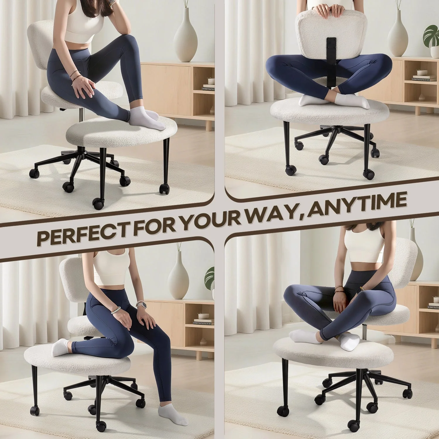 Waleaf Ergonomic Cross Legged Chair, 360° Swivel Height Adjustable Chair with Wheels for ADHD,Teddy Fabric and Lumbar Support - Image 3