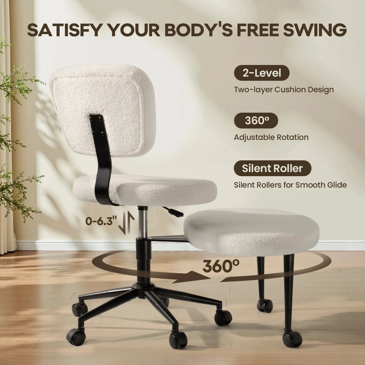 Waleaf Ergonomic Cross Legged Chair, 360° Swivel Height Adjustable Chair with Wheels for ADHD,Teddy Fabric and Lumbar Support - Image 4