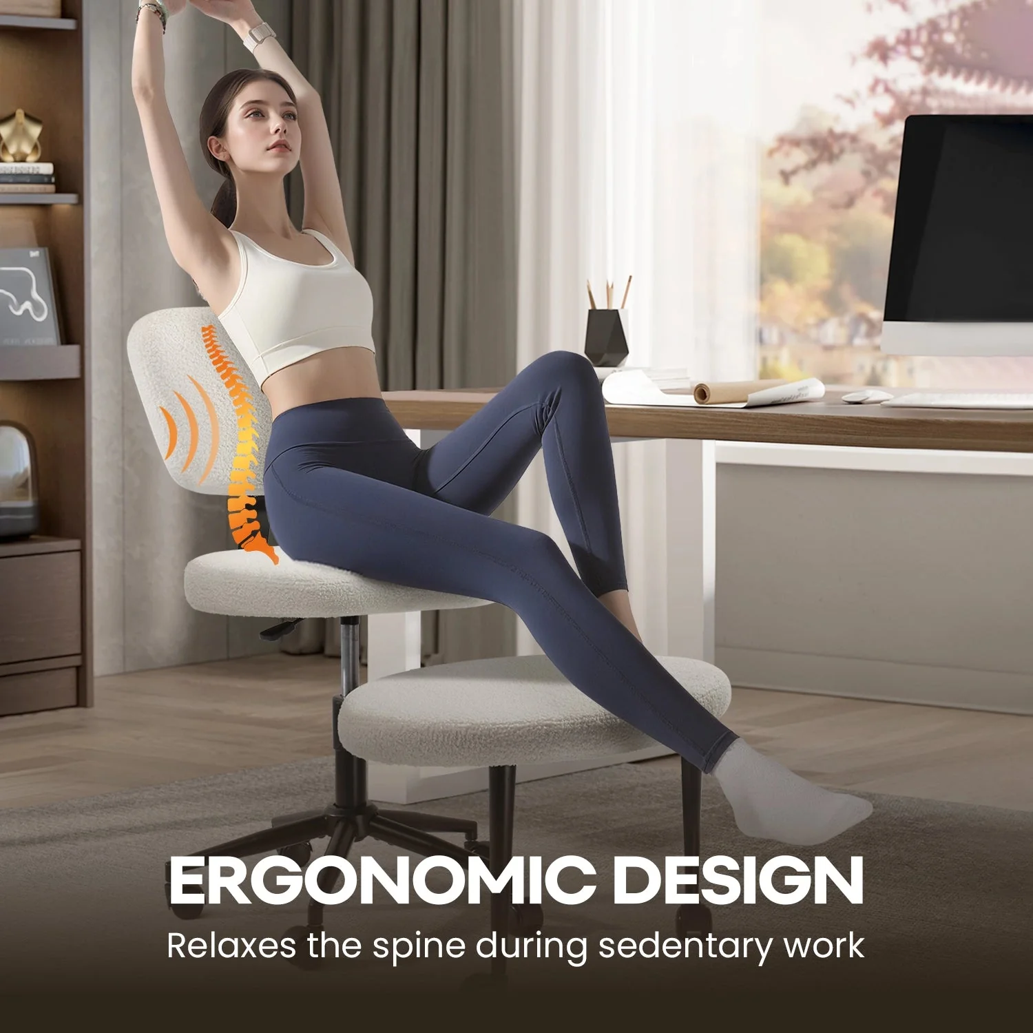 Waleaf Ergonomic Cross Legged Chair, 360° Swivel Height Adjustable Chair with Wheels for ADHD,Teddy Fabric and Lumbar Support - Image 6