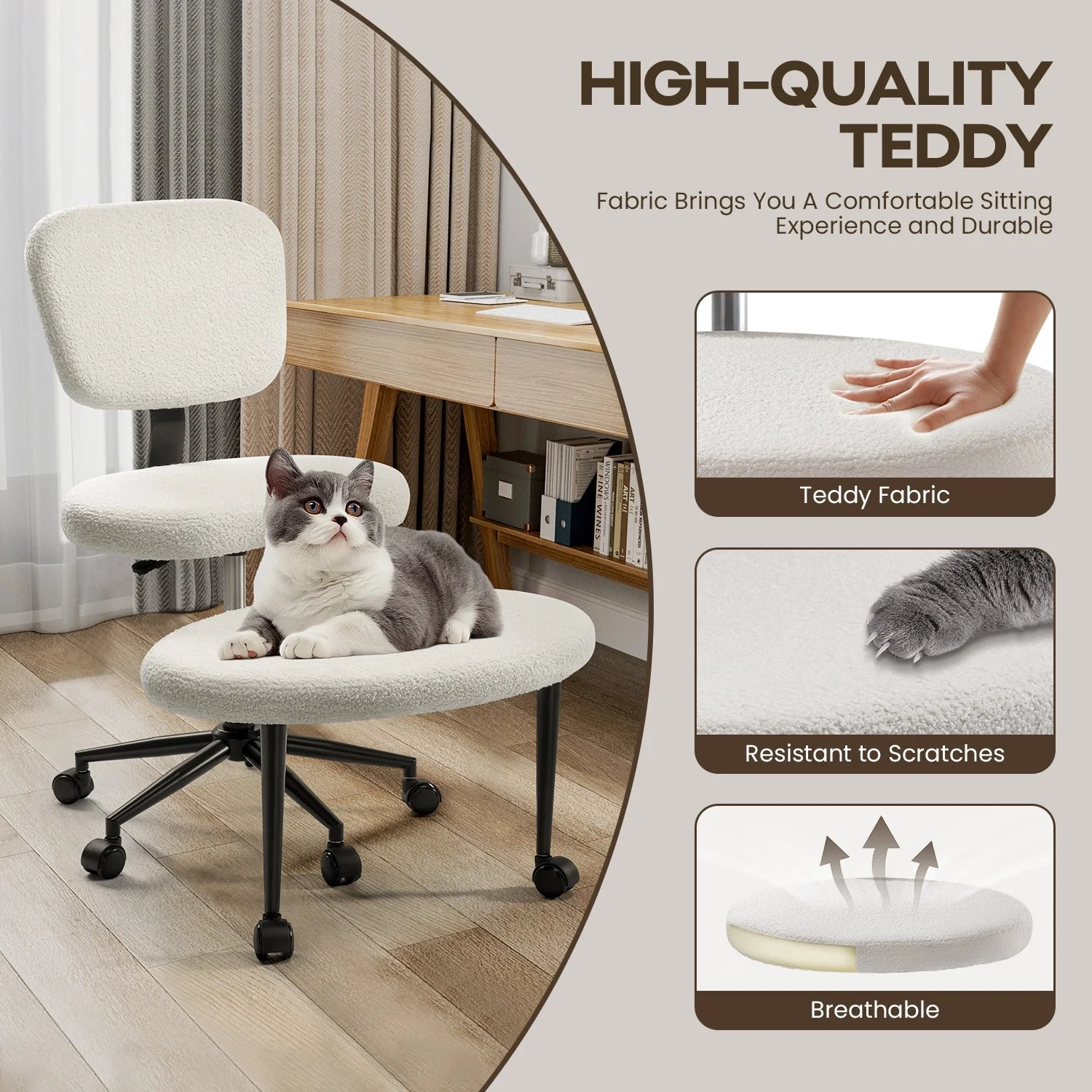 Waleaf Ergonomic Cross Legged Chair, 360° Swivel Height Adjustable Chair with Wheels for ADHD,Teddy Fabric and Lumbar Support - Image 7