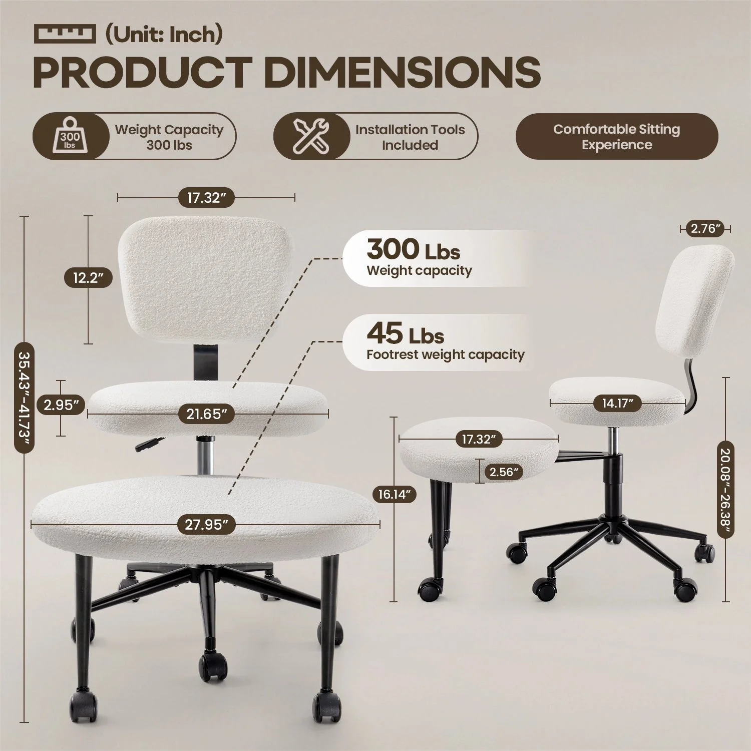 Waleaf Ergonomic Cross Legged Chair, 360° Swivel Height Adjustable Chair with Wheels for ADHD,Teddy Fabric and Lumbar Support - Image 8