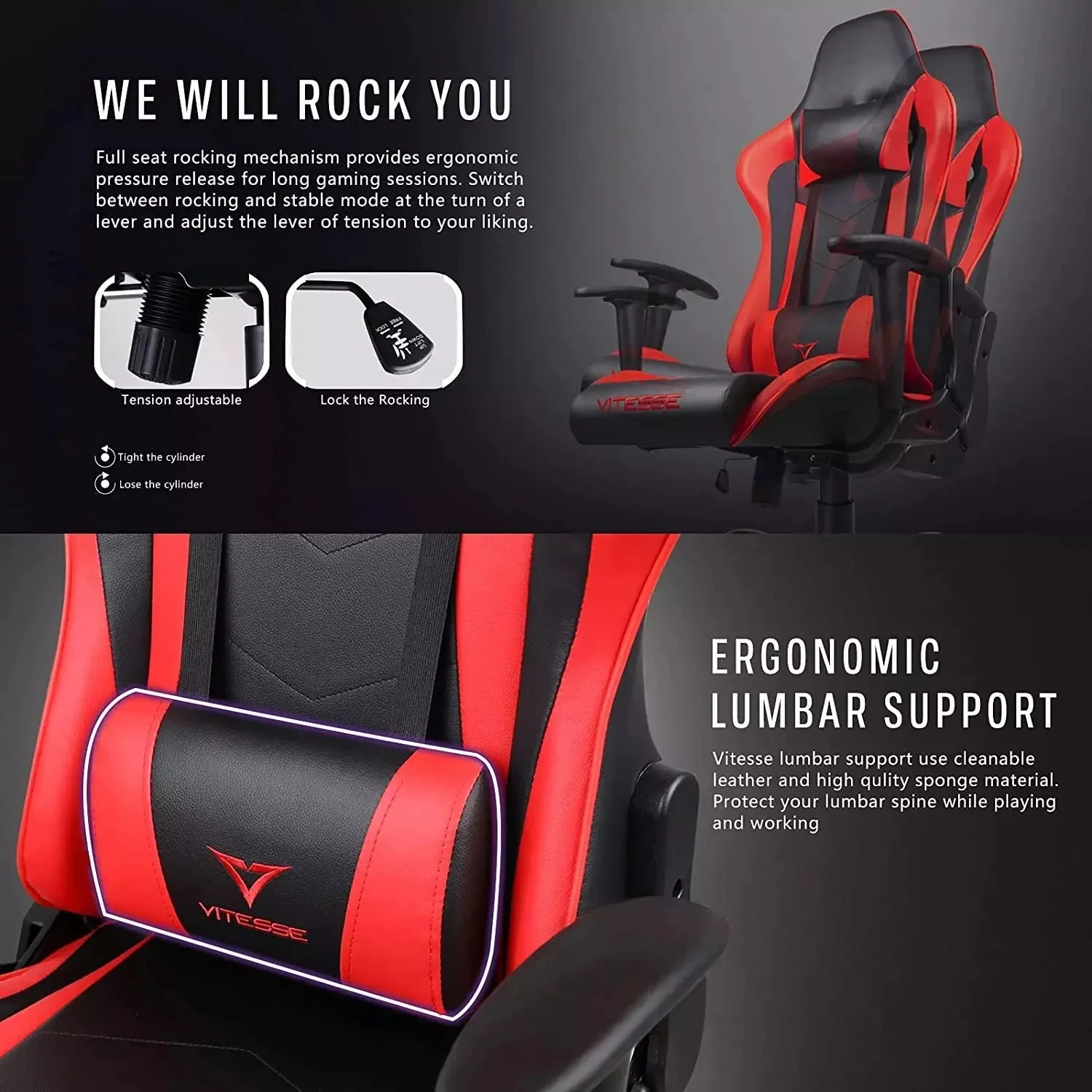 WALEAF Ergonomic Leather Gaming Chair, Reclining PC Gaming Chair - Image 6