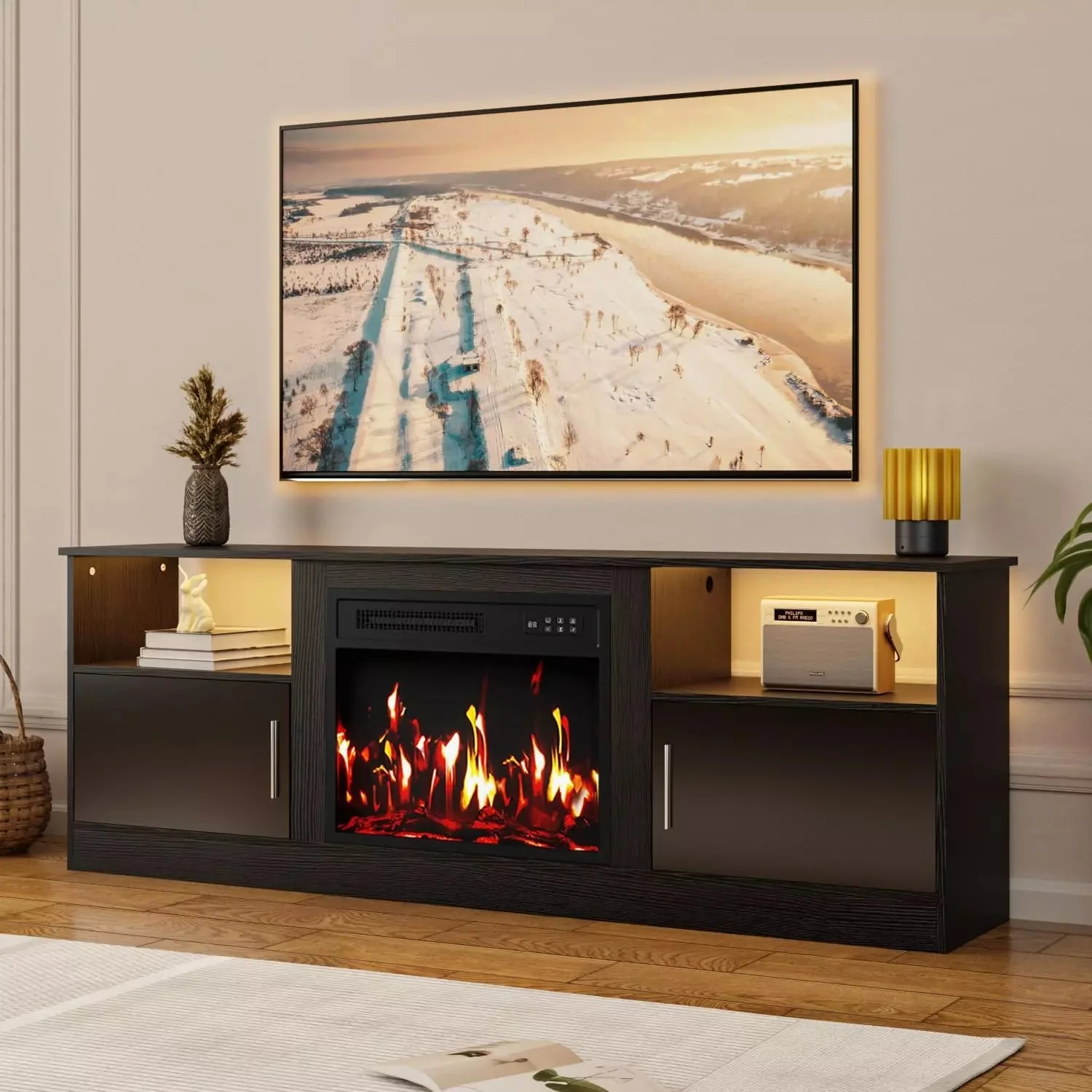 Waleaf Fireplace TV Stand with 23" Electric Fireplace, LED Lighted Entertainment Center, Adjustable Flame LED Color for TVs up to 80", White