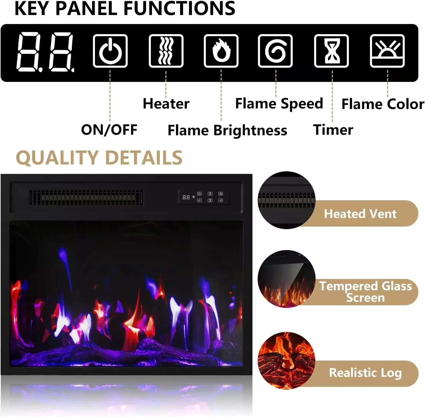 Waleaf Fireplace TV Stand with 23" Electric Fireplace, LED Lighted Entertainment Center, Adjustable Flame LED Color for TVs up to 80", White - Image 3