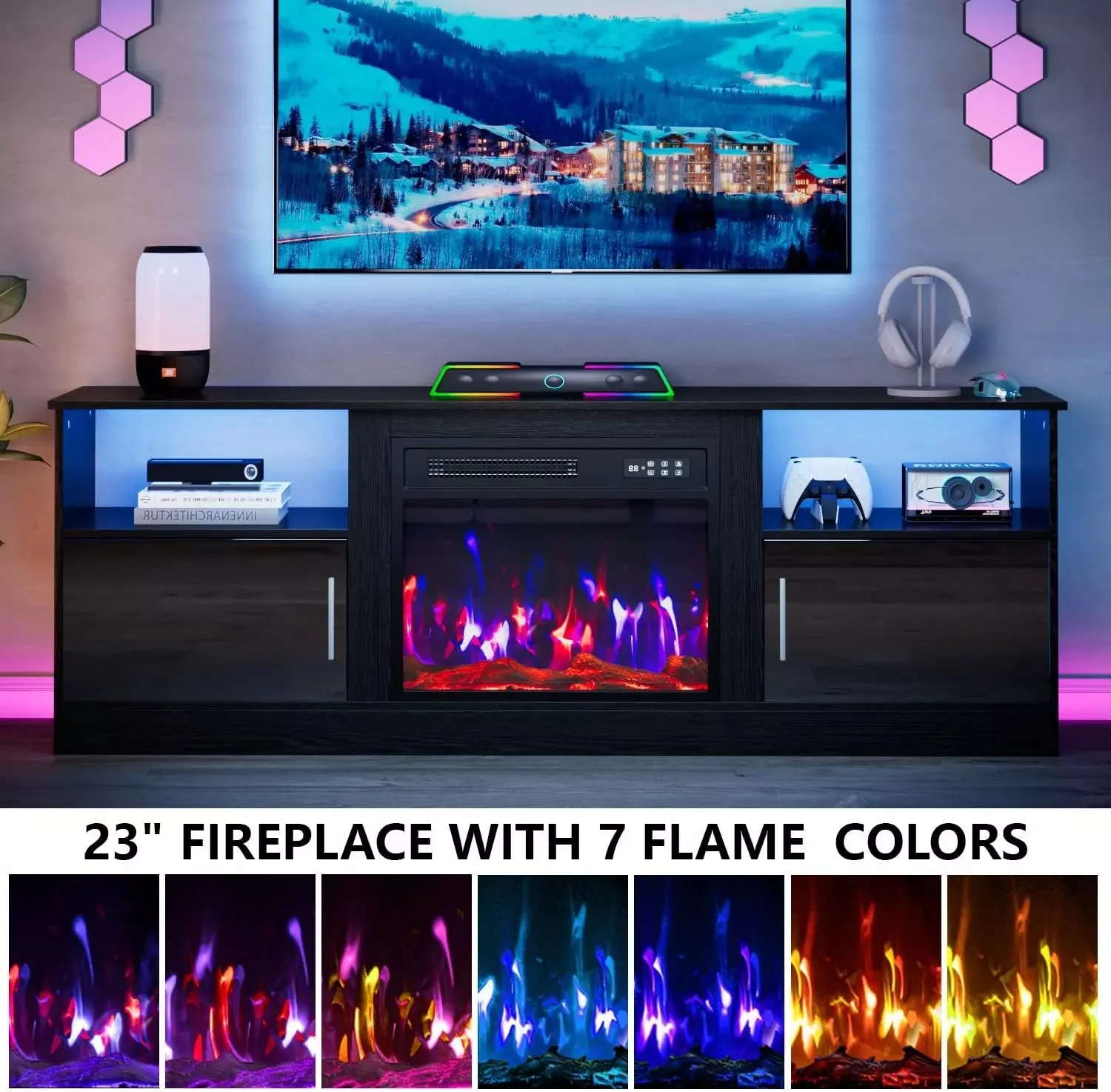 Waleaf Fireplace TV Stand with 23" Electric Fireplace, LED Lighted Entertainment Center, Adjustable Flame LED Color for TVs up to 80", White - Image 5