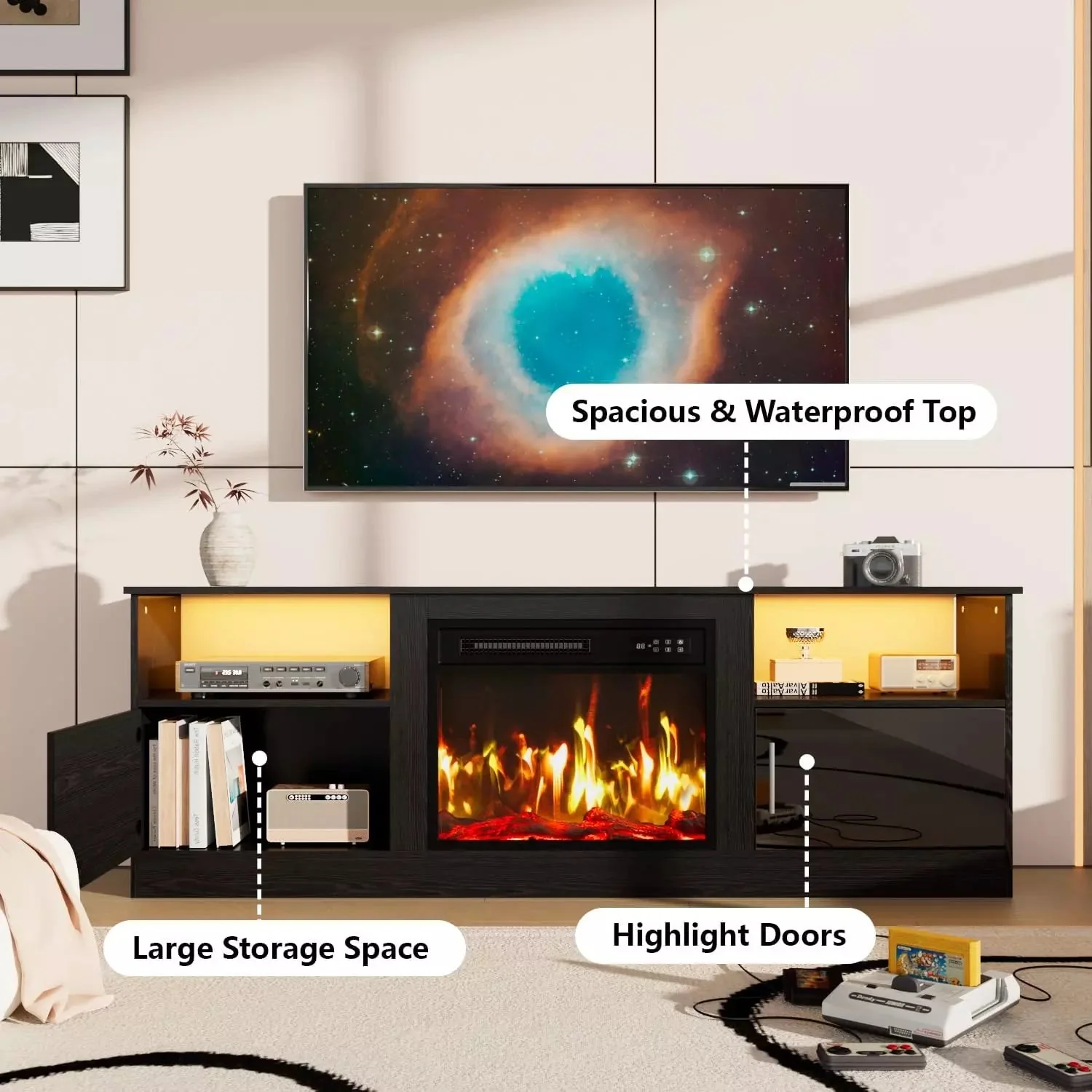 Waleaf Fireplace TV Stand with 23" Electric Fireplace, LED Lighted Entertainment Center, Adjustable Flame LED Color for TVs up to 80", White - Image 6
