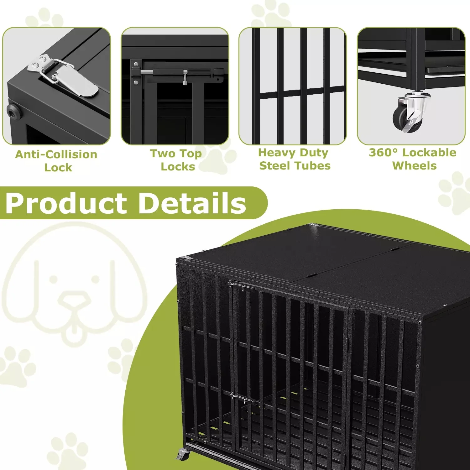 Waleaf Heavy Duty Indestructible Dog Crate with Locking Wheels,High Anxiety Enclosed Design Large Dog Cage for Large Dogs,Escape Proof&Removable Tray - Image 2