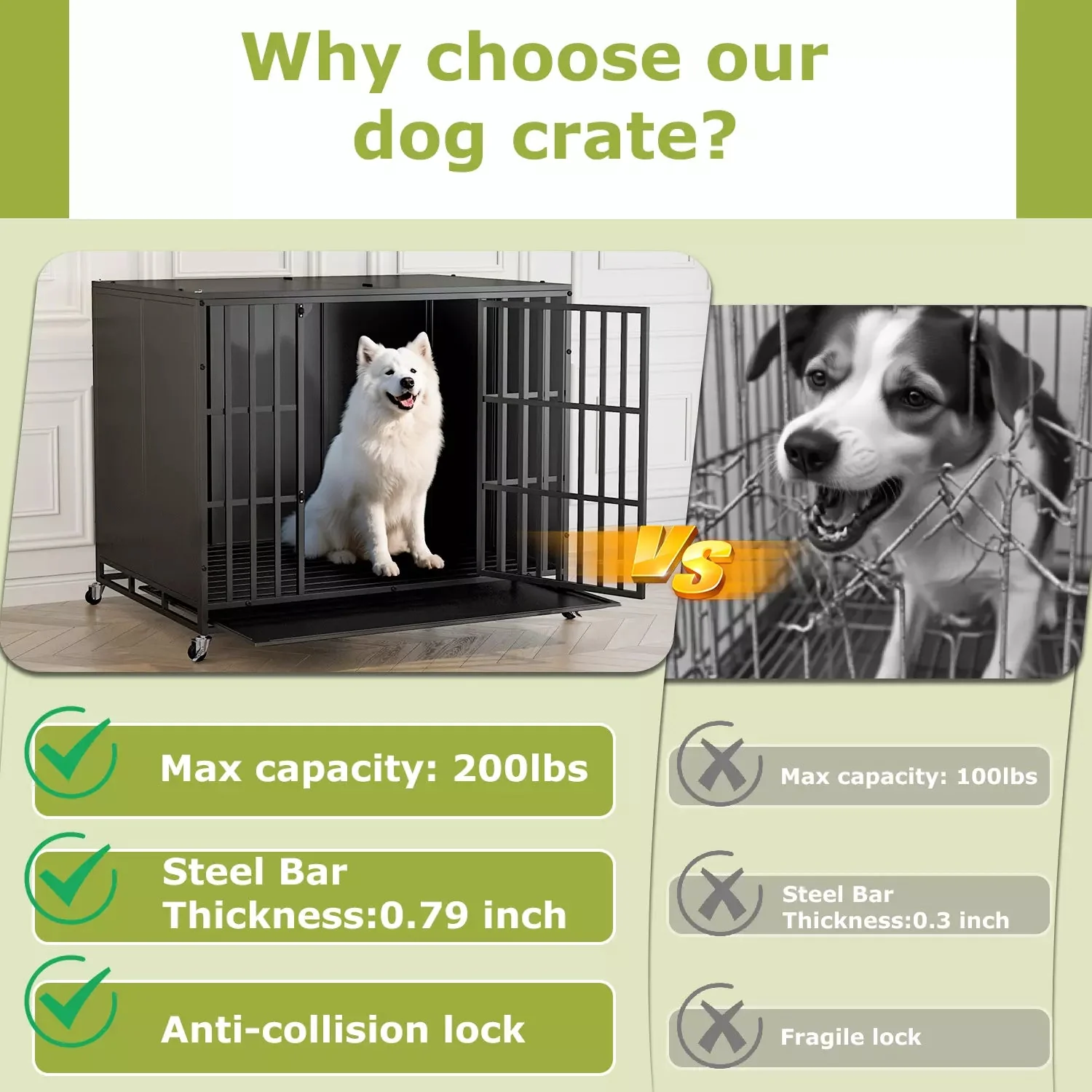 Waleaf Heavy Duty Indestructible Dog Crate with Locking Wheels,High Anxiety Enclosed Design Large Dog Cage for Large Dogs,Escape Proof&Removable Tray - Image 5